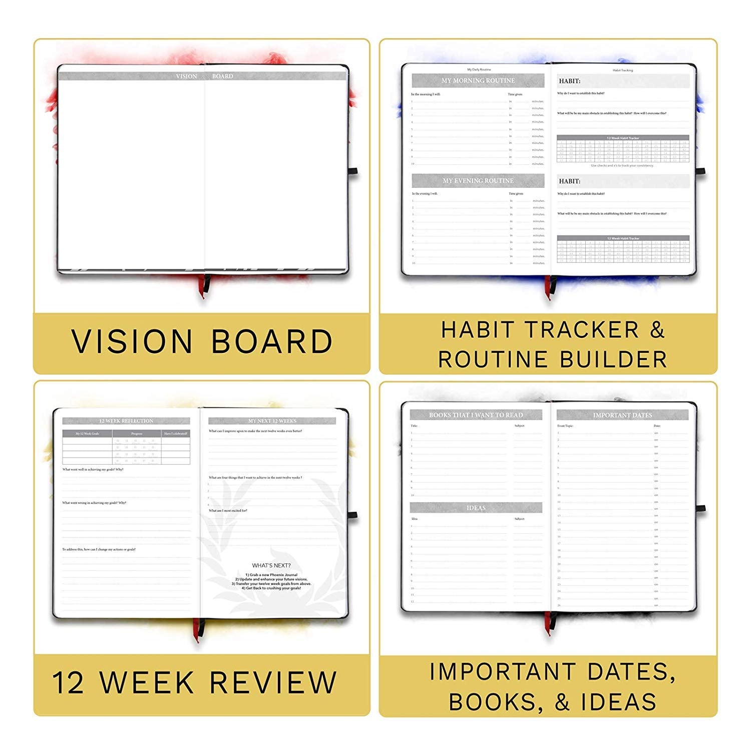 The Phoenix Journal - Quarterly Goal Planner, Daily Planner Journal & Organizer for Goal Setting, Productivity & Focus - Undated 12 Week Planner, Weekly & Monthly Planning, Habit Tracking - Hardcover - Black