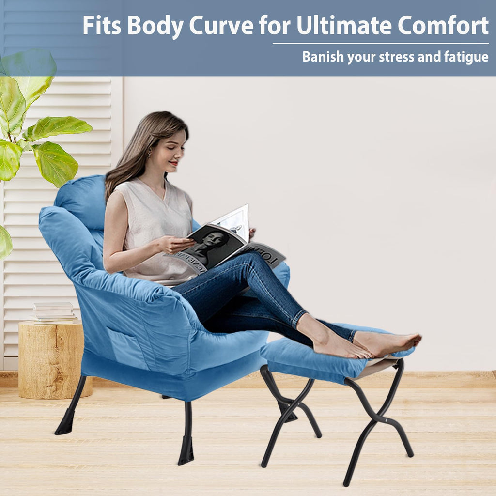 Youtanic Lazy Chair with Folding Ottoman, Accent Chair Velvet Upholstered with Metal Structure and Non-Slip Pads, Sofa Armchair with Footrest and Side Storage Bag for Dorm, Room, Office, Beige