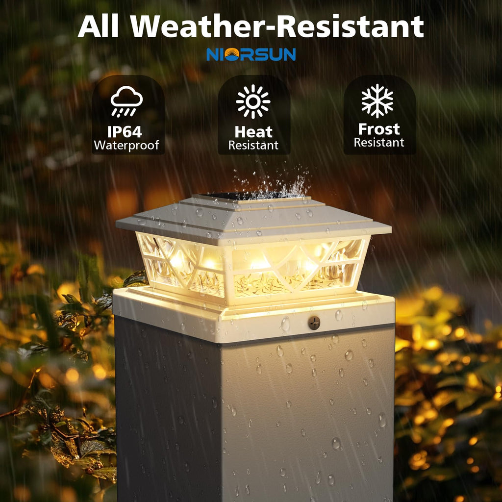 NIORSUN Solar Post Lights Outdoor 4 Pack, 2 Modes LED, Deck Fence Post Solar Lights for 3.5x3.5 4x4 5x5 5.5x5.5 Caps Patio Garden Decoration, White