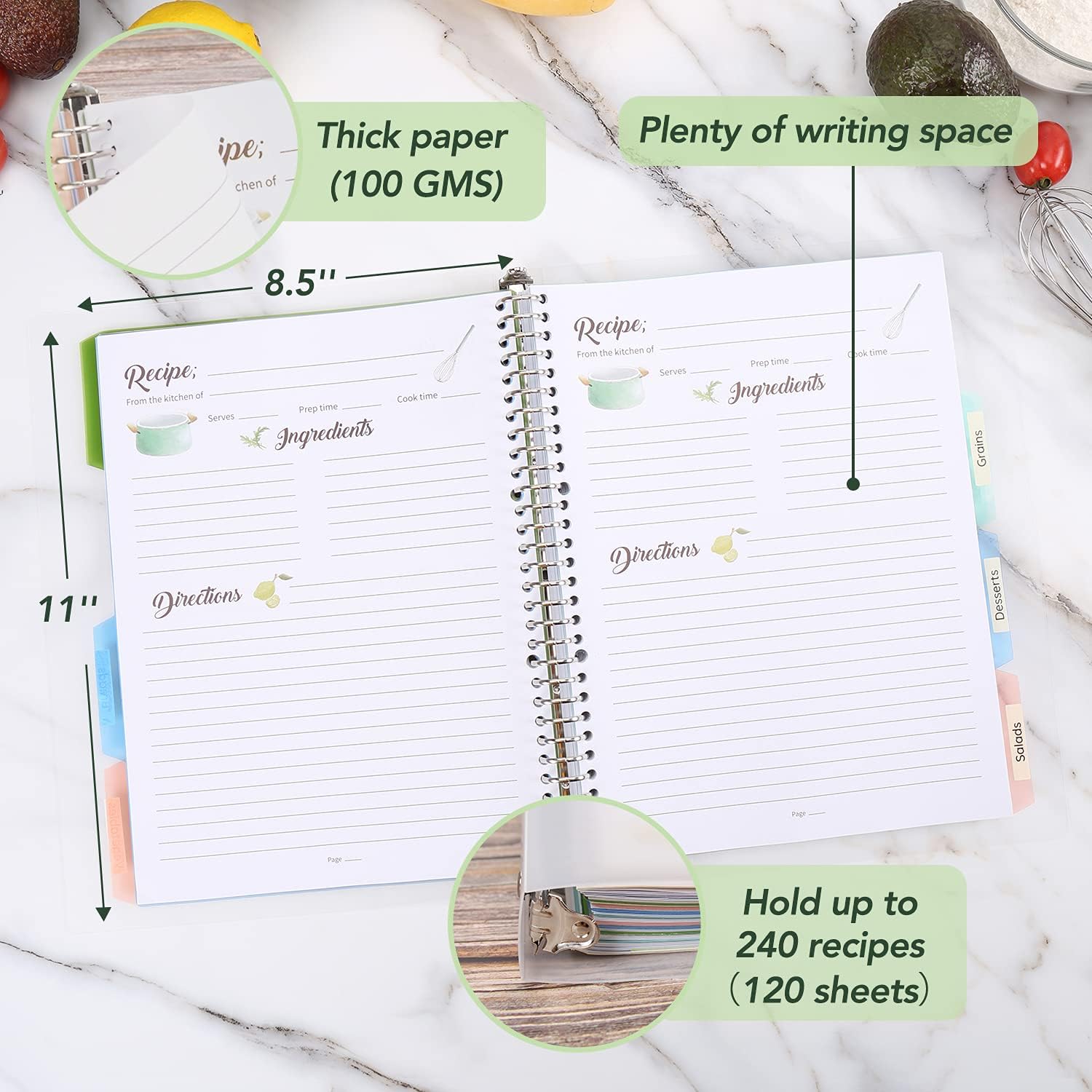 SOLIGT Recipe Book to Write in Your Own Recipes, 9.6’’x12.5’’ Personal Blank Recipe Notebook, Removable Recipe Journal Book Binder with 8 Dividers and 24 Tabs, Hold up to 240 Recipes