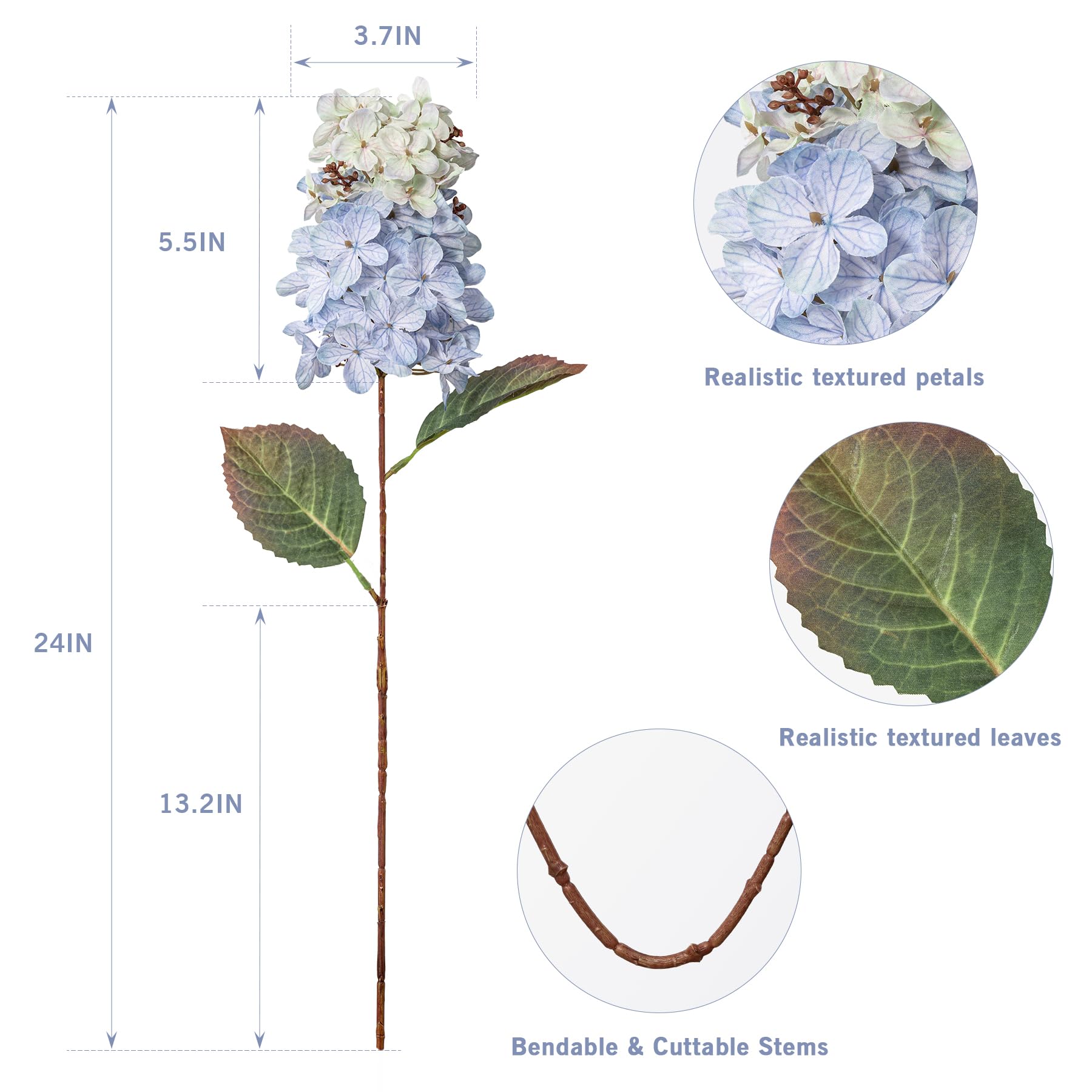 Ttranewsoo Hydrangea Artificial Flowers,Fall Hydrangeas Artificial Flowers,Blue Fake Fall Dried Hydrangea Flowers Decoration,Faux Silk Flower with Stems Winter Decor(Blue 24" 8pcs) Without Vase