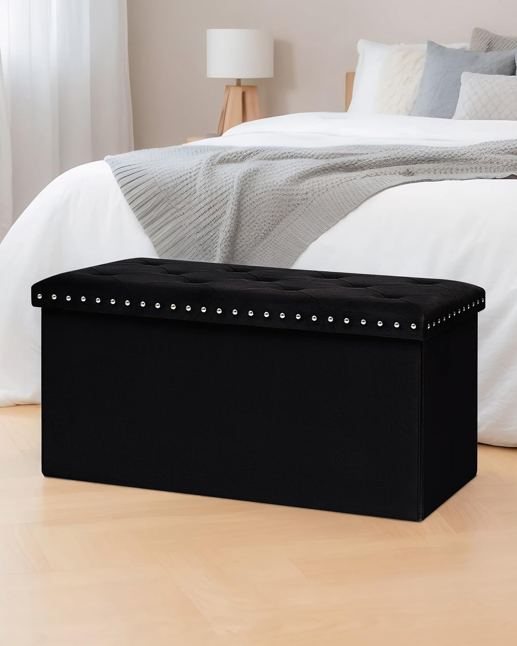 B FSOBEIIALEO Storage-Ottoman Cube-Folding Tufted - Ottomans with Storage, Coffee Table Top Cover, Storage Boxes Footrest Stool for Bedroom, Luxury Velvet Fabric 15.7 Inches Black