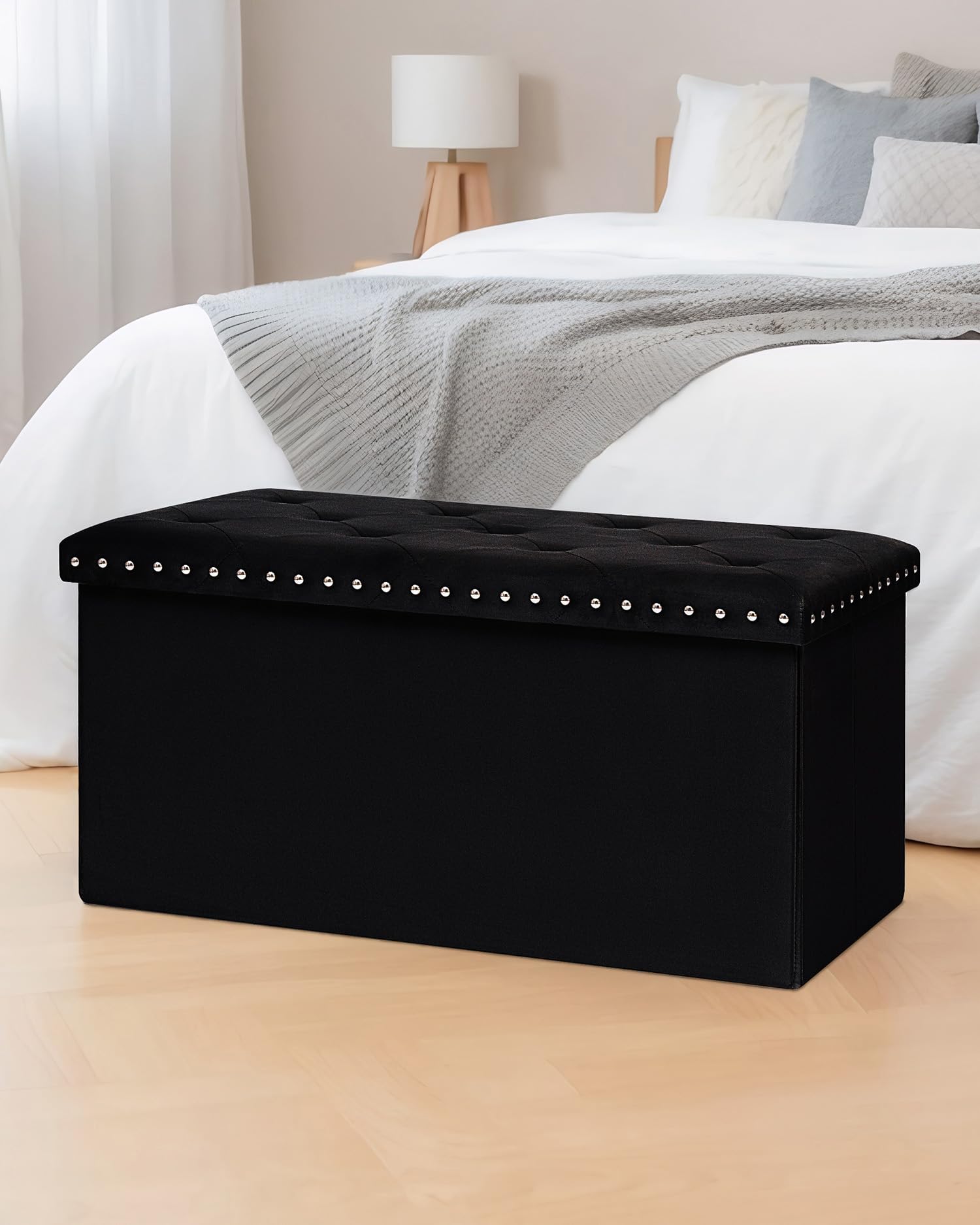 B FSOBEIIALEO Storage-Ottoman Cube-Folding Tufted - Ottomans with Storage, Coffee Table Top Cover, Storage Boxes Footrest Stool for Bedroom, Luxury Velvet Fabric 15.7 Inches Black