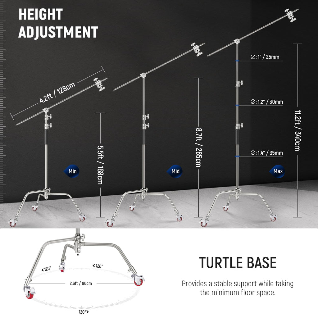 NEEWER Pro 100% Stainless Steel Heavy Duty C Stand with Boom Arm, Max Height 68"/172cm Photography Light Stand with 2.7ft/83cm Holding Arm, 2 Grip Head for Studio Monolight, Softbox, Reflector, SC172