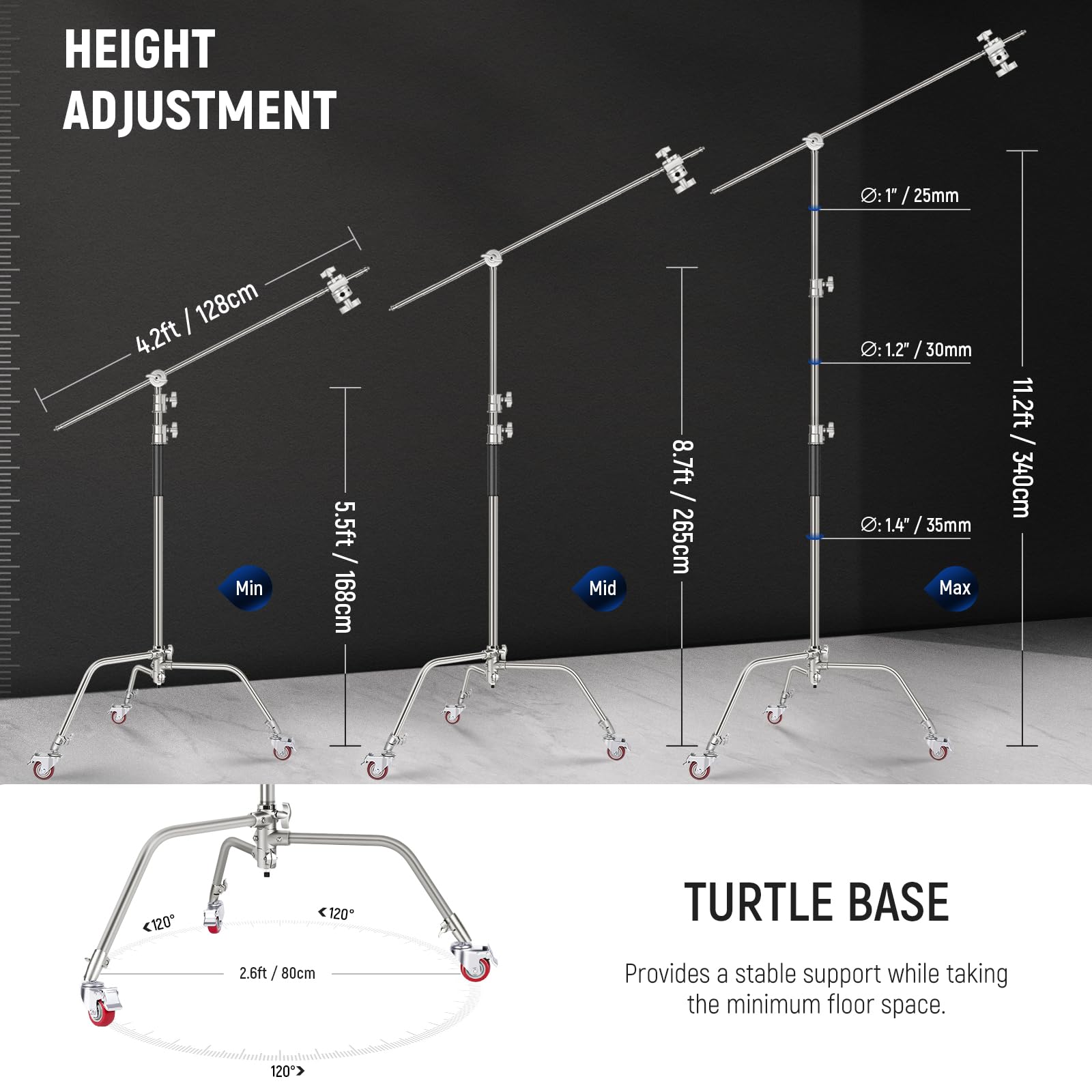 NEEWER Pro 100% Stainless Steel Heavy Duty C Stand with Boom Arm, Max Height 68"/172cm Photography Light Stand with 2.7ft/83cm Holding Arm, 2 Grip Head for Studio Monolight, Softbox, Reflector, SC172