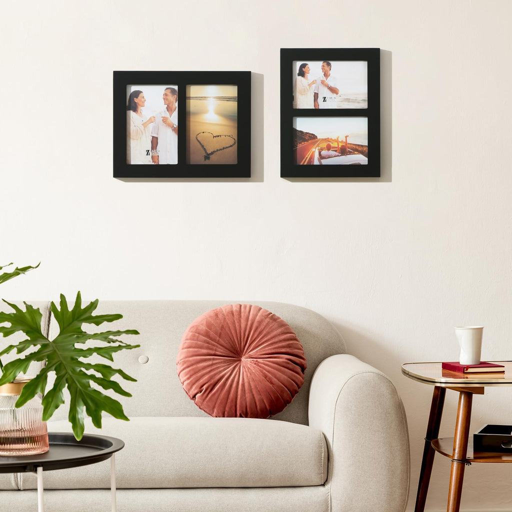 4x6 2-Opening Collage Frame Black Wood | Two 4x6 openings, shatter-resistant glass, tabletop & wall mount