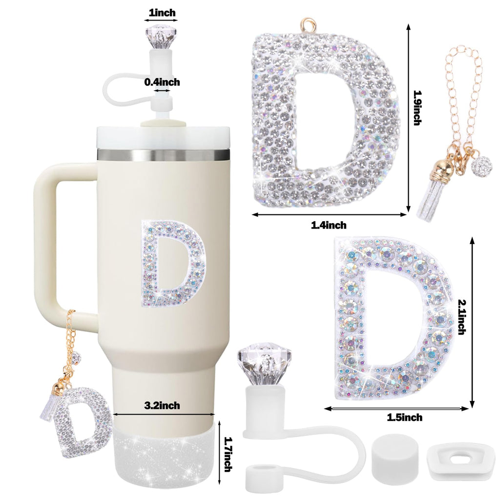 Mity rain Accessories Set for Stanley Cup, Initials Decorations for Tumbler Cup 30/40OZ, Including Diamond Straw Topper/Spill Proof Stopper/Sparkly Silicone Boot Set/Letter Charms for Handle A-Z (A-)