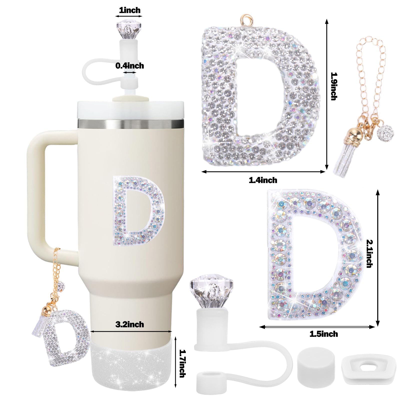 Mity rain Accessories Set for Stanley Cup, Initials Decorations for Tumbler Cup 30/40OZ, Including Diamond Straw Topper/Spill Proof Stopper/Sparkly Silicone Boot Set/Letter Charms for Handle A-Z (A-)