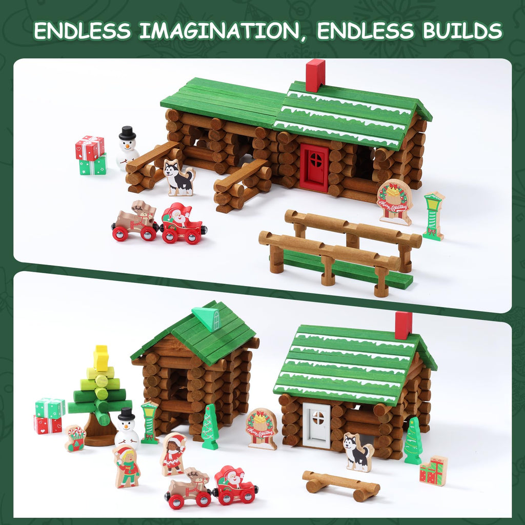 SainSmart Jr. 110 PCS Wooden Log Cabin Set Building House Toy for Toddlers, Classic STEM Construction Kit with Colorful Wood Logs Blocks for 3+ Years Old