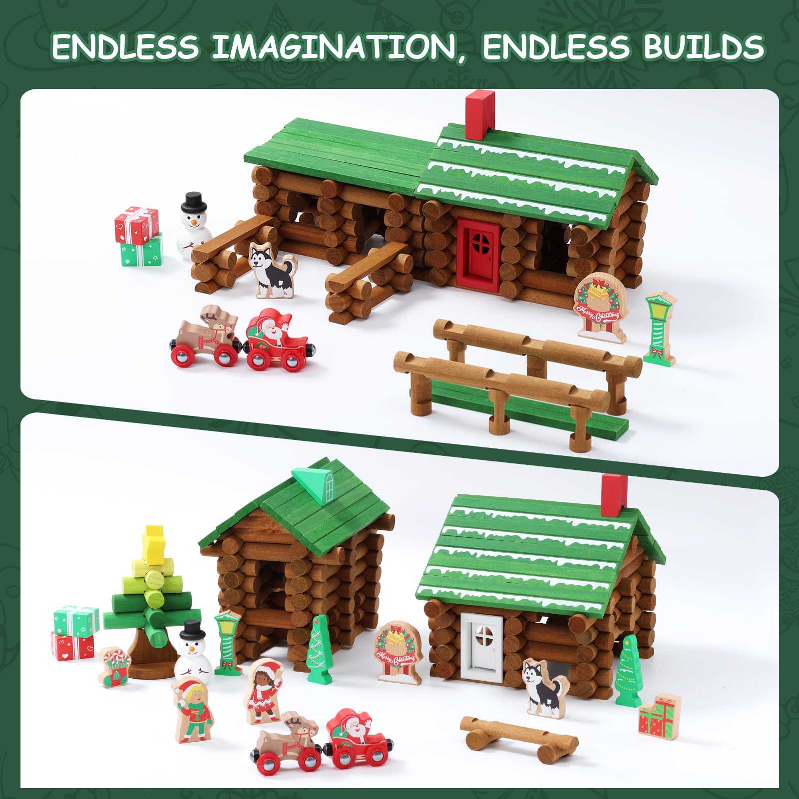 SainSmart Jr. 110 PCS Wooden Log Cabin Set Building House Toy for Toddlers, Classic STEM Construction Kit with Colorful Wood Logs Blocks for 3+ Years Old