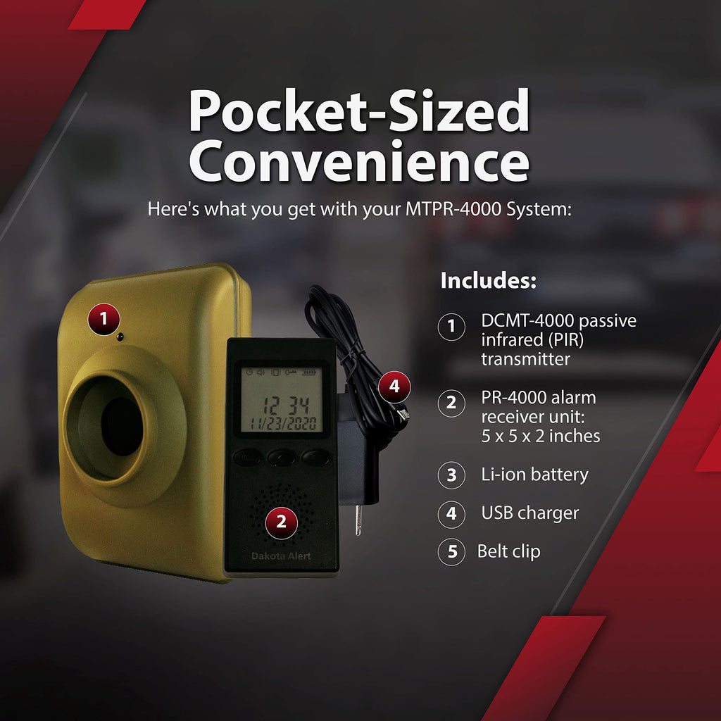 Dakota Alert Long Range Driveway Alarm Motion Detector - DCMA-4k Plus One Mile Wireless Range Alarm System - DCMT-4000 Transmitter & RE-4k Plus Receiver-Use Outdoors, Driveways, Entrances & Backyards