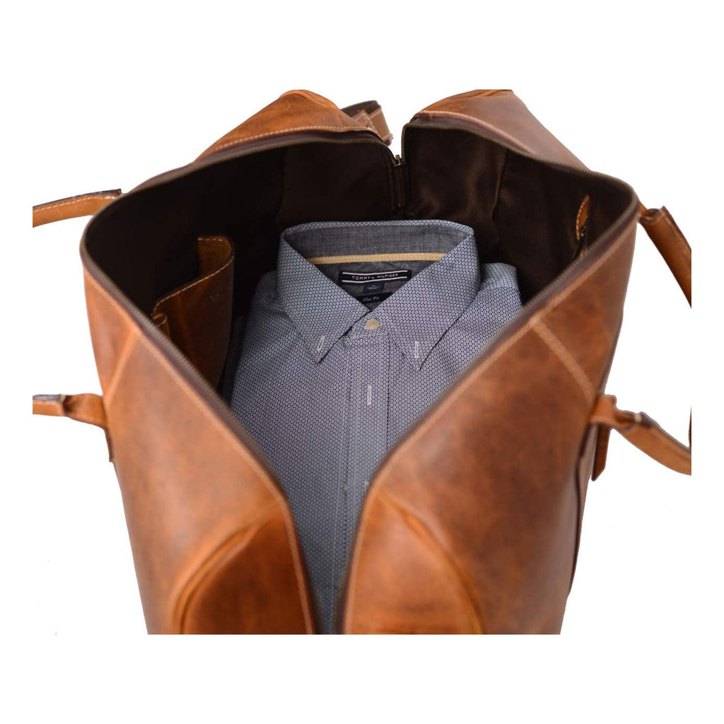 KomalC Leather Duffle Bags for Men and Women Travel Overnight Weekend sports bag holdall Gym Duffel for Men (Dark Tan, 20 Inch)