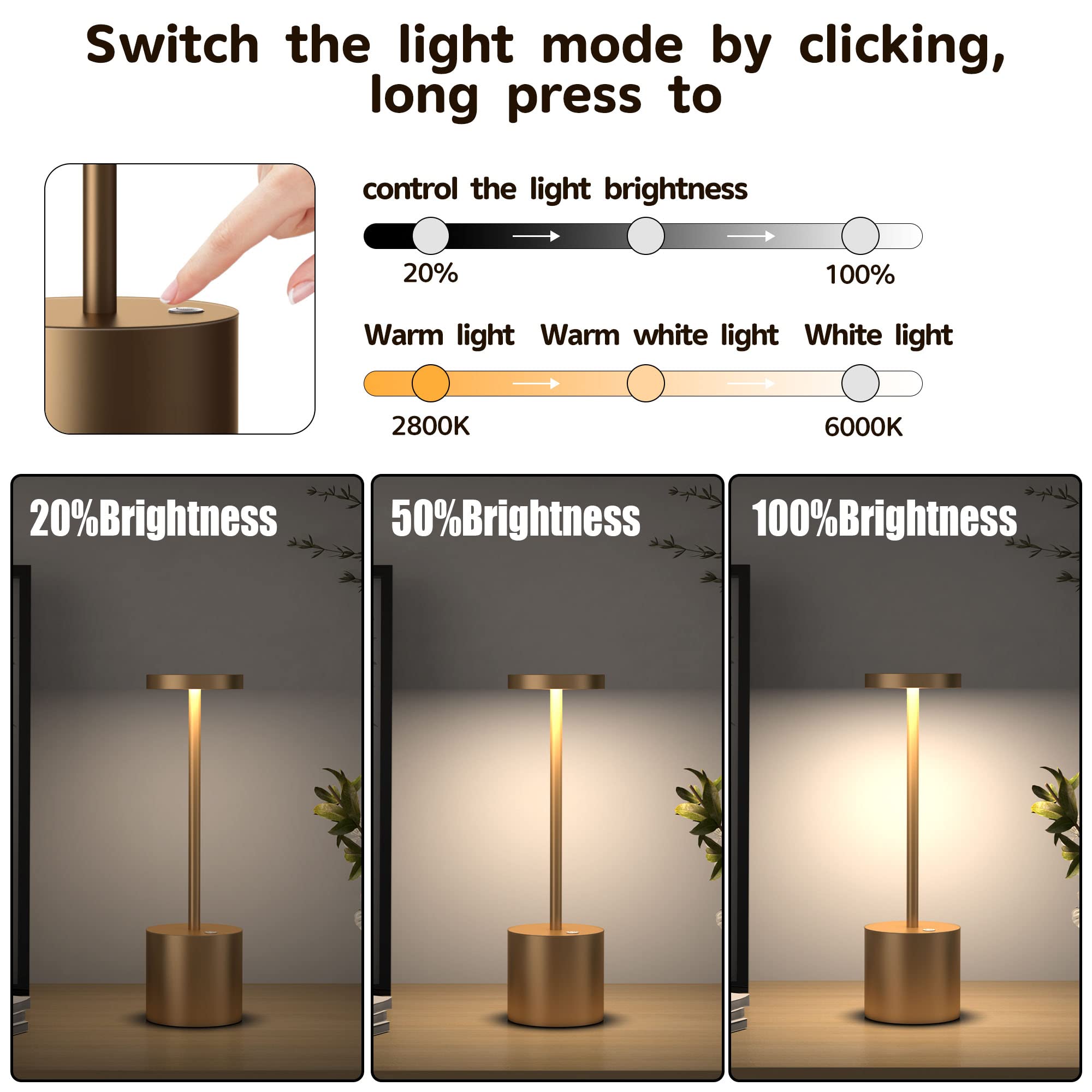 2Pack Cordless Table Lamp, Rechargeable LED Battery 5000mAh Metal USB Portable Powered Desk Lamp, 3 Levels Brightness Light for Restaurants Outdoor (2pack 10.25in Titanium)