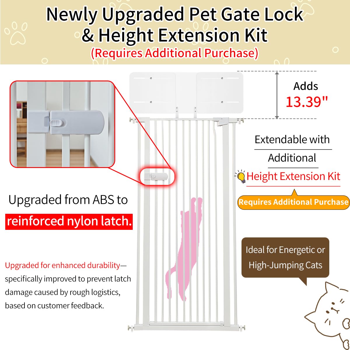 Lumizone Extra Tall Cat Gate Extension Kit 55.12" High 4.13" Wide Black | Tall Pet Gate Dog Gate for Doorway Hallway Stairs Pressure Mounted Extra Wide 1.37" Gap No Drilling