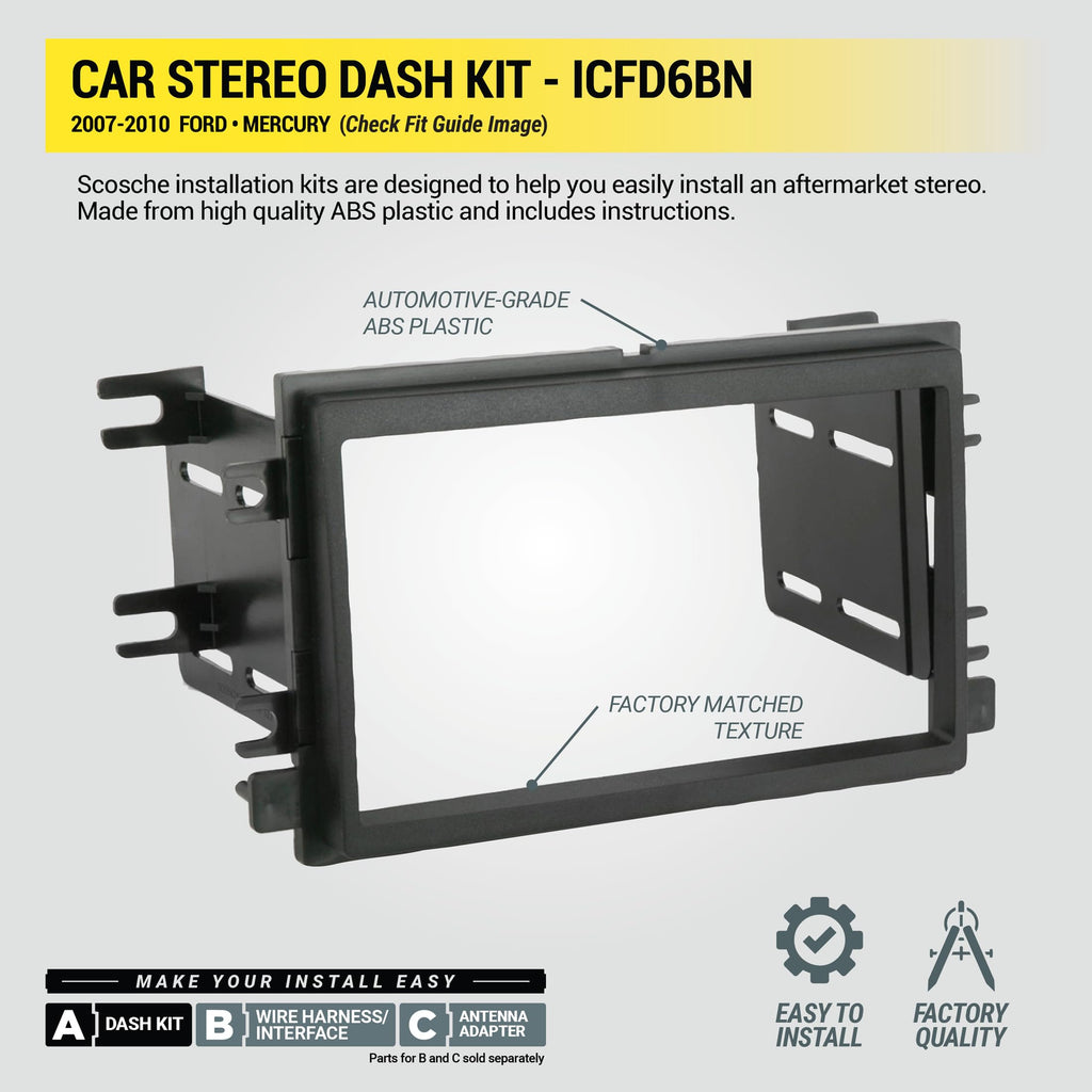 Scosche ICFD6BN Double DIN Radio Installation Dash Kit Compatible with Select 2007-2010 Ford and Mercury Vehicles - Complete Basic Aftermarket Car Stereo Install Kit - See Fit Guide Image for Vehicles