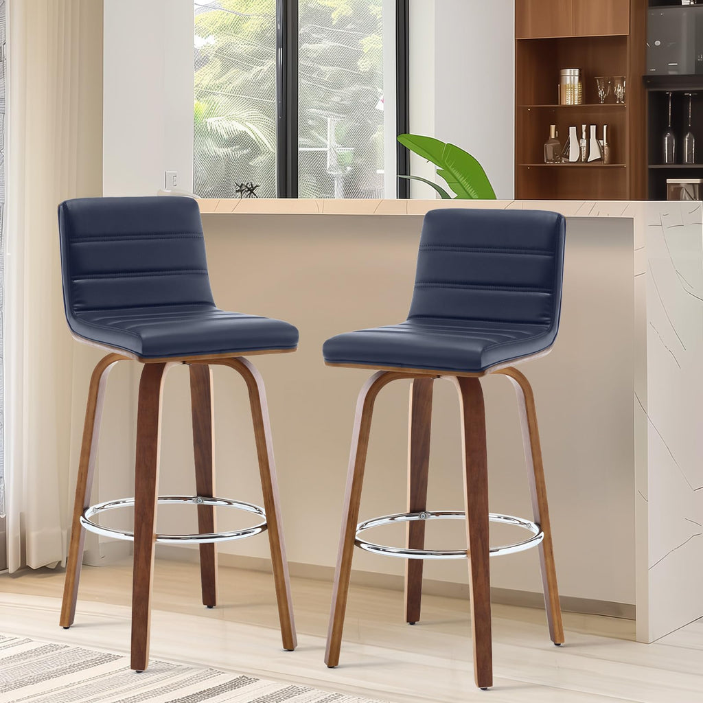 Bar Stools 29 Inch Bar Height, Swivel Bar Stools with Backs Upholstered PU Leather Barstool, L Shape Back and Padded Seat, Mid-Century Modern Bar Stool Pub Chairs for Kitchen Counter Island, Black