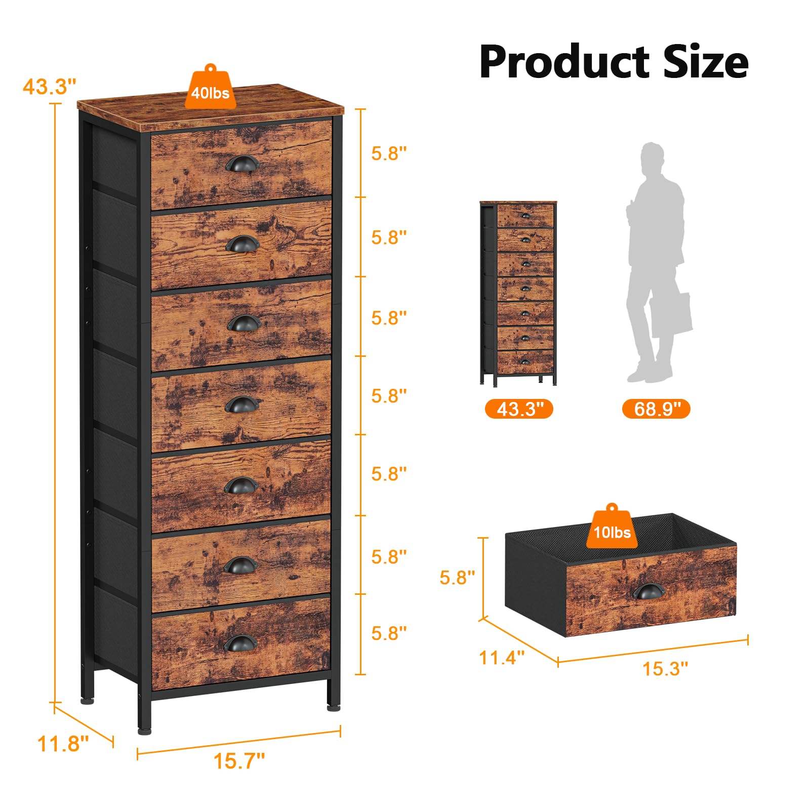 Furnulem Tall Dresser with 6 Drawers,Vertical Bedside End Table & Chest for Bedroom,Black Storage Tower Dorm Nightstand with Fabric Drawer Organizer Unit Furniture in Living Room,Closet,Hallyway