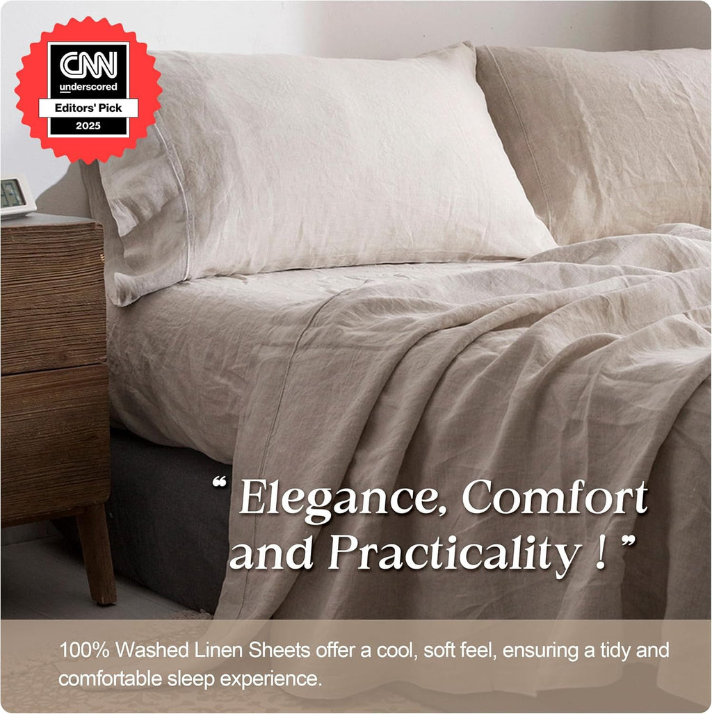 Simple&Opulence 100% Pure Linen Sheet Set Twin Size, Natural French Flax Solid Color 3 Pcs Washed Breathable, Farmhouse Bedding (1 Flat Sheet,1 Fitted Sheet,1 Pillowcase)-Embroidery Dark Grey