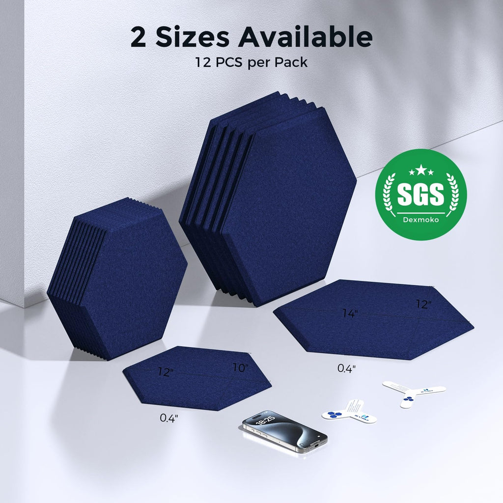 Self-Adhesive Acoustic Panels [390 lbs/yd³ Ultra-High Density], 2nd Generation Sound Absorbing Panel, Professional Level Sound Panel, Polyester Soundproof Foam [Medium Hexagon, Beige]