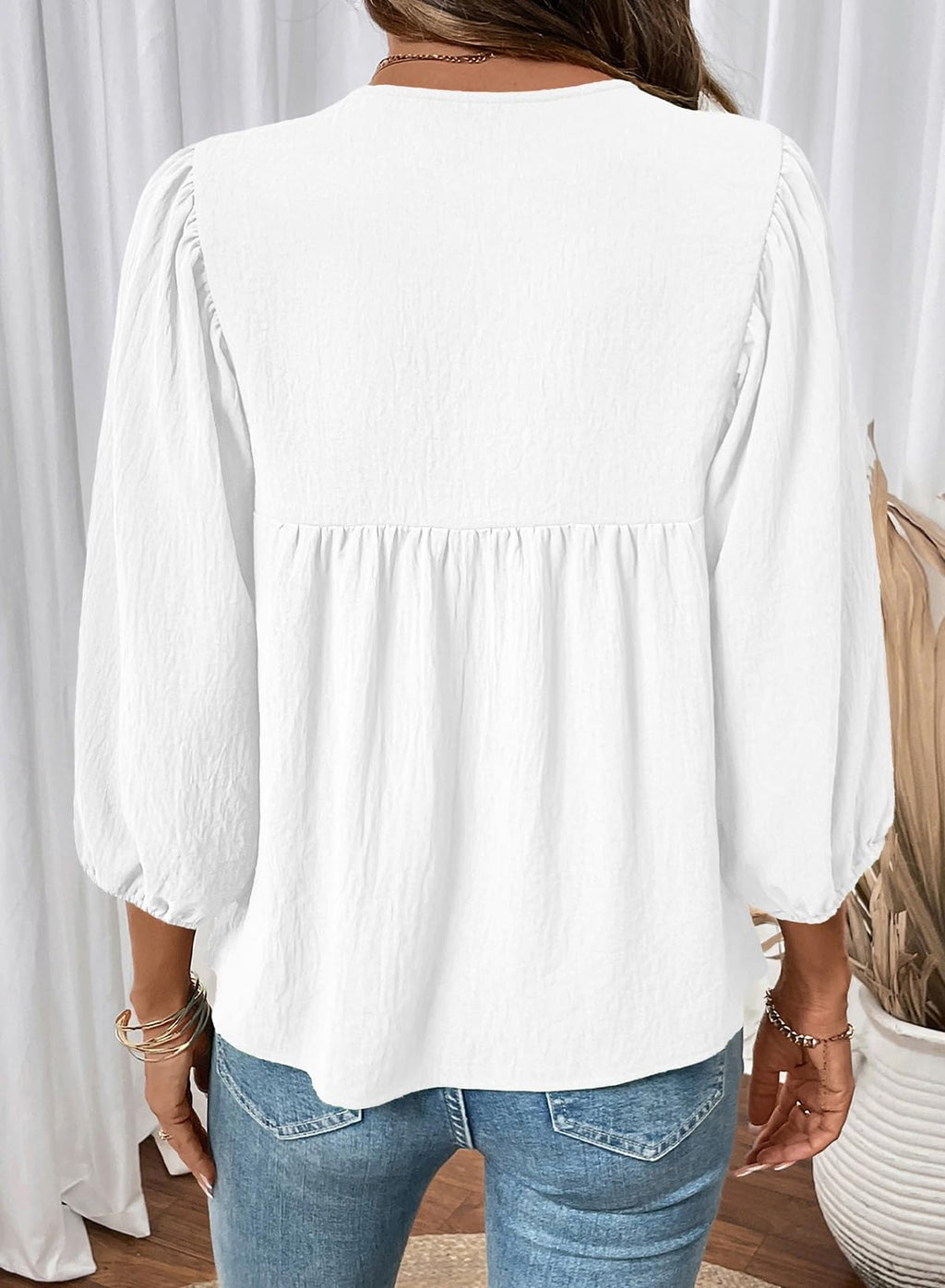 SHEWIN Womens Tops 3/4 Sleeves Blouse Babydoll Dressy Casual Top Elegant Bow Tie Loose Ladies Shirts 2026