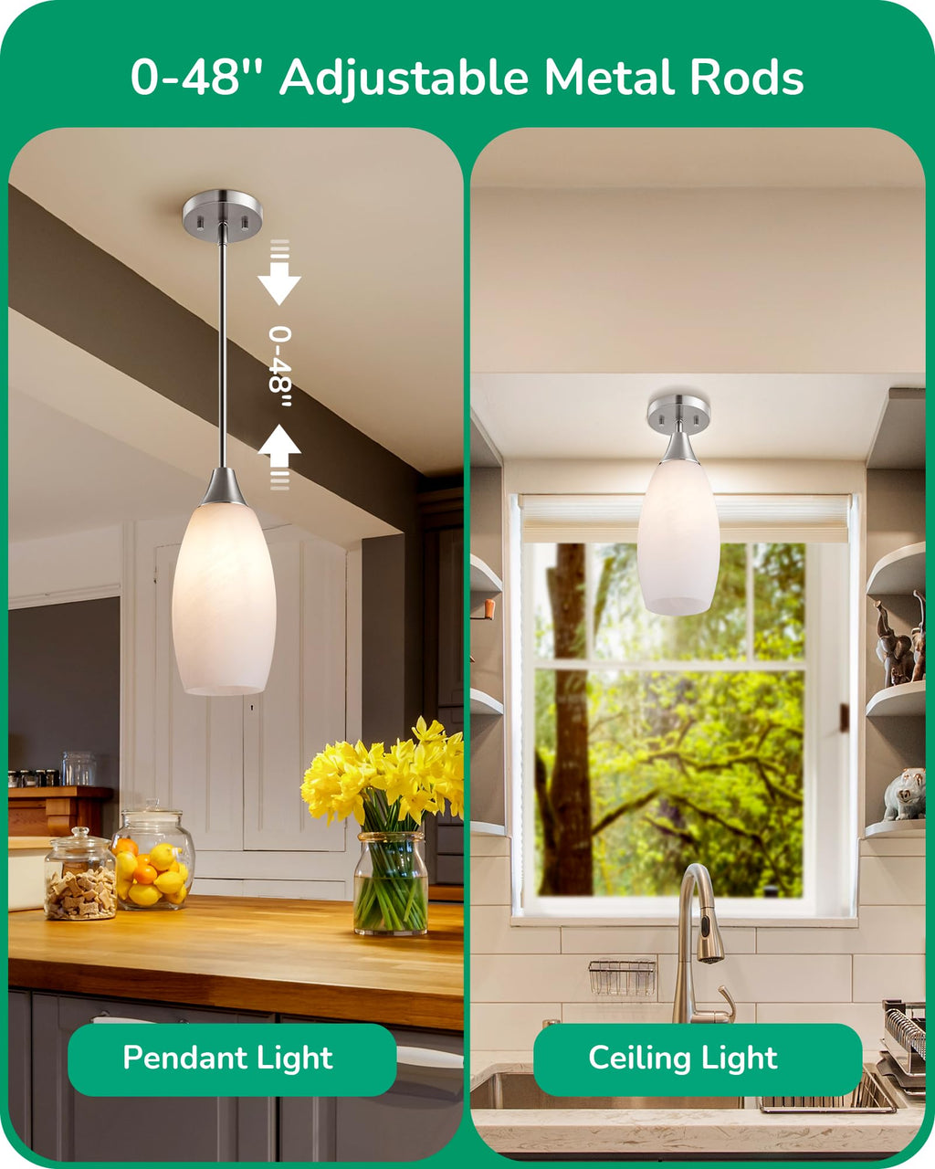 EDISHINE Pendant Light, Hand Blown Hanging Light Fixture, Adjustable Brushed Nickel Rods, 5.12" D x 11.4" H Shade, Blue Glass Pendant Lighting for Kitchen Island, Sink, Bathroom, Dining Room