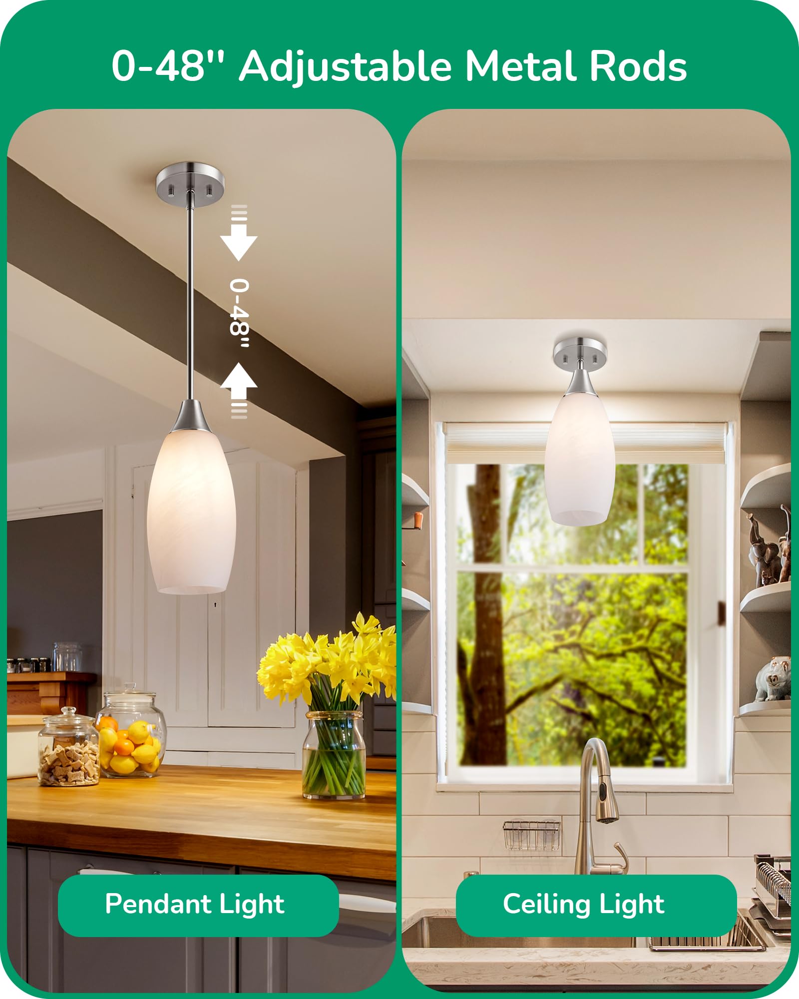 EDISHINE Pendant Light, Hand Blown Hanging Light Fixture, Adjustable Brushed Nickel Rods, 5.12" D x 11.4" H Shade, Blue Glass Pendant Lighting for Kitchen Island, Sink, Bathroom, Dining Room
