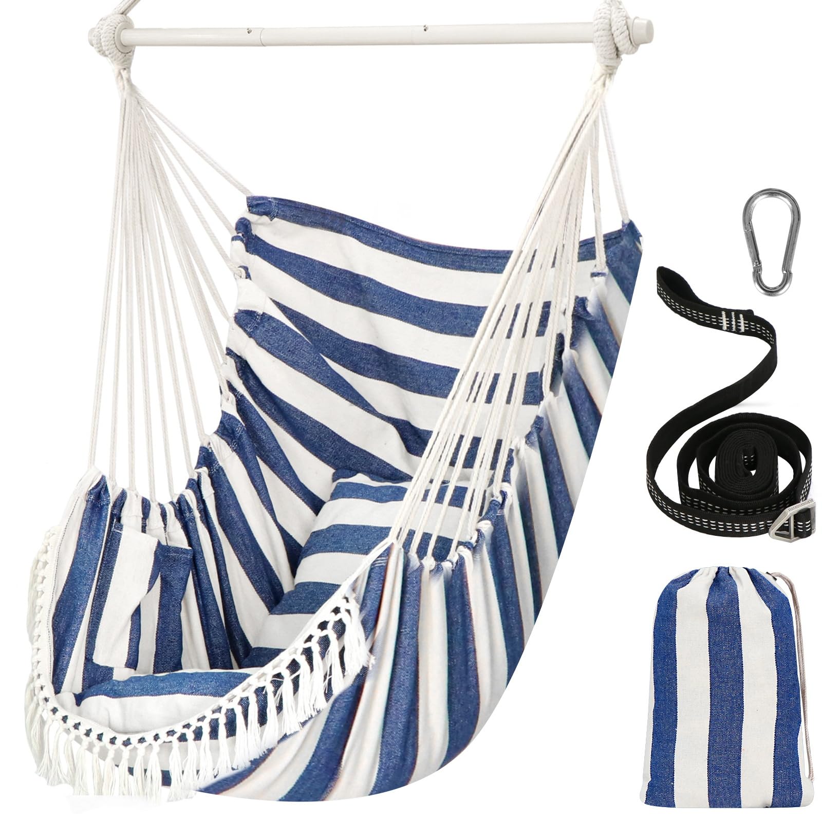 Chihee Hammock Chair Hanging Swing Max 500 Lbs 2 Cushions Included Metal Spreader Bar with Anti-Slip Grooves Portable Hanging Chair Side Pocket Large Macrame Bohemian Chair Indoor Outdoor | Hanging Swing with Anti-Slip Grooves Portable Hanging Chair Side