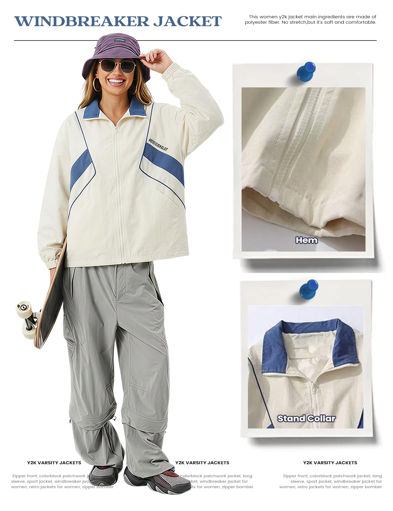 Wyeysyt Women Windbreaker Jacket Y2k Varsity Jackets Oversized Vintage 90s Jacket