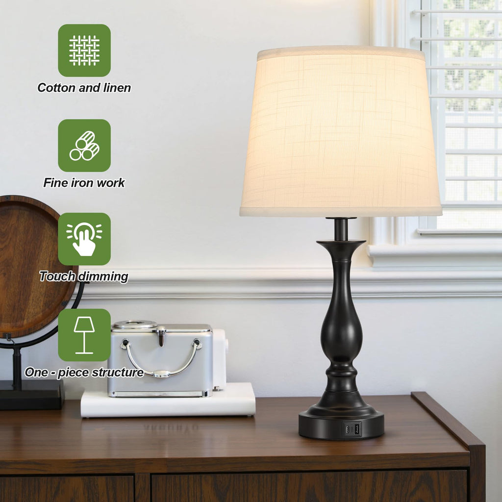 Bedside Table Lamp Touch Control Bedroom Lamps with USB A and C Charging Port 3 Way Dimmable Touch Lamps for Nightstand Living Room Bedroom Dorm Home Office Reading, Set of 2