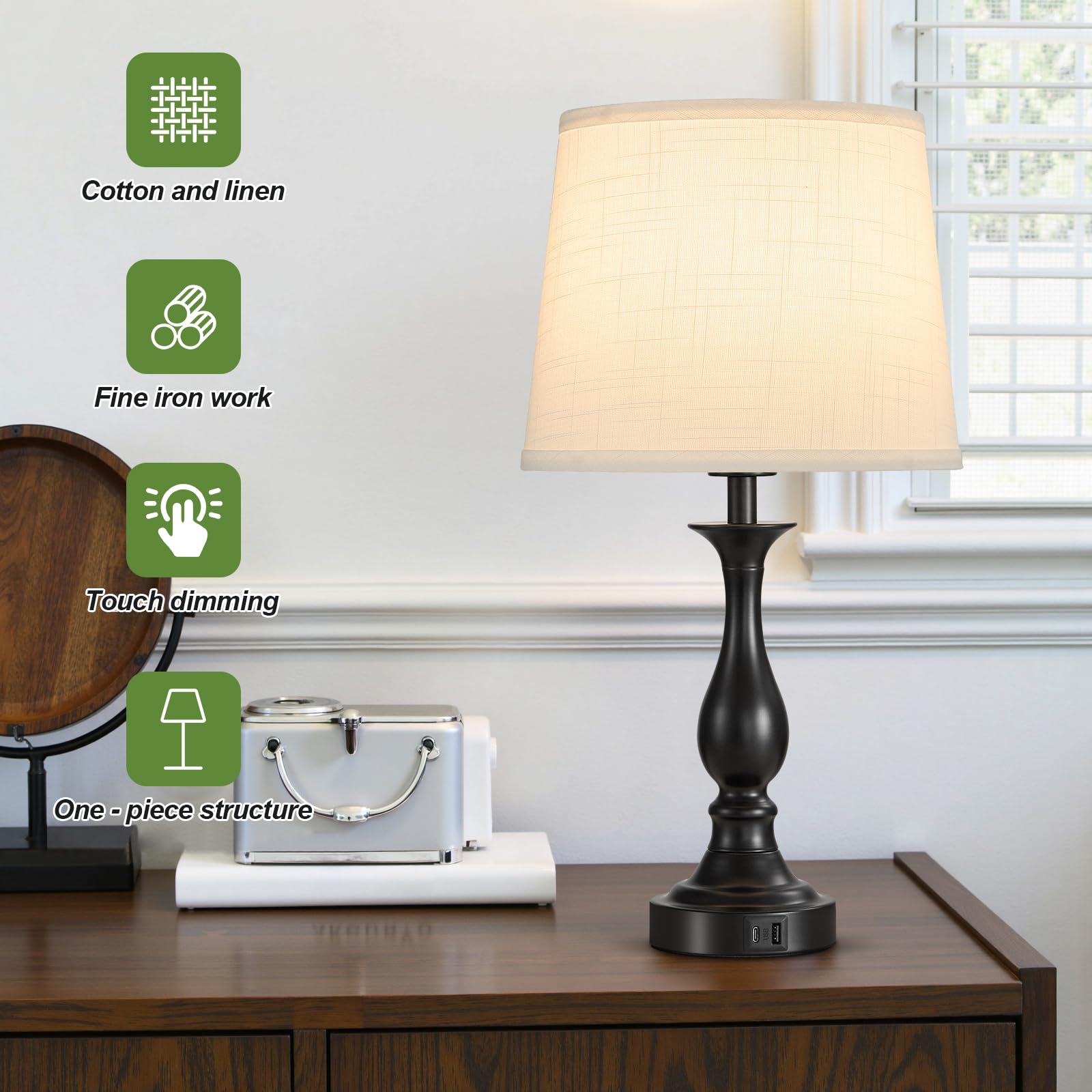 Bedside Table Lamp Touch Control Bedroom Lamps with USB A and C Charging Port 3 Way Dimmable Touch Lamps for Nightstand Living Room Bedroom Dorm Home Office Reading, Set of 2