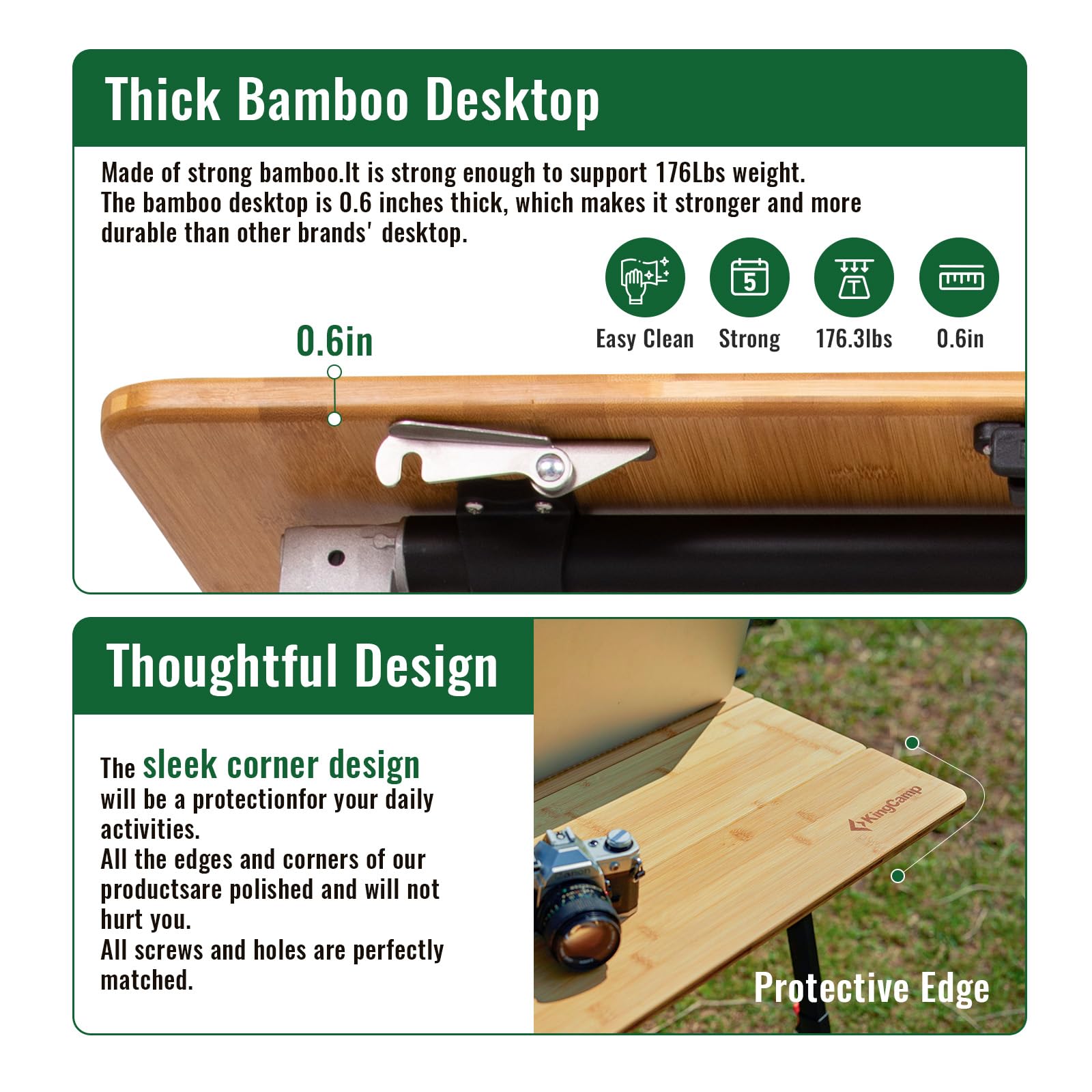 KingCamp Bamboo Folding Table, 4-Fold Camping Adjustable Height Portable Outdoor Lightweight & Compact Table with Aluminum Frame for RV Picnic BBQ Tailgating