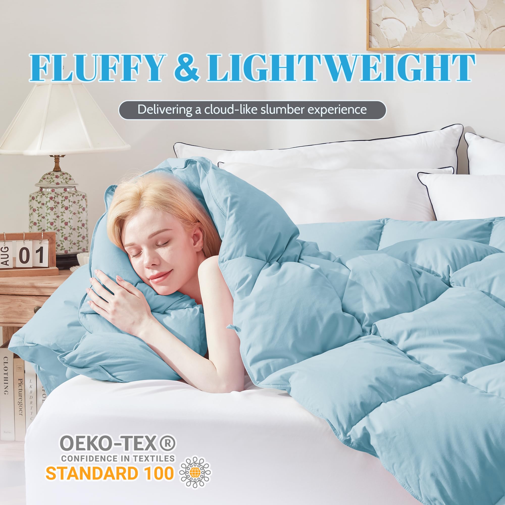 Cosybay Queen Size Feather Down Fiber Comforter Ultra Fluffy Duvet Insert, All Season Cotton Cover Luxury Hotel Bed Comforter with Corner Tabs, Blue, 90x90 Inch