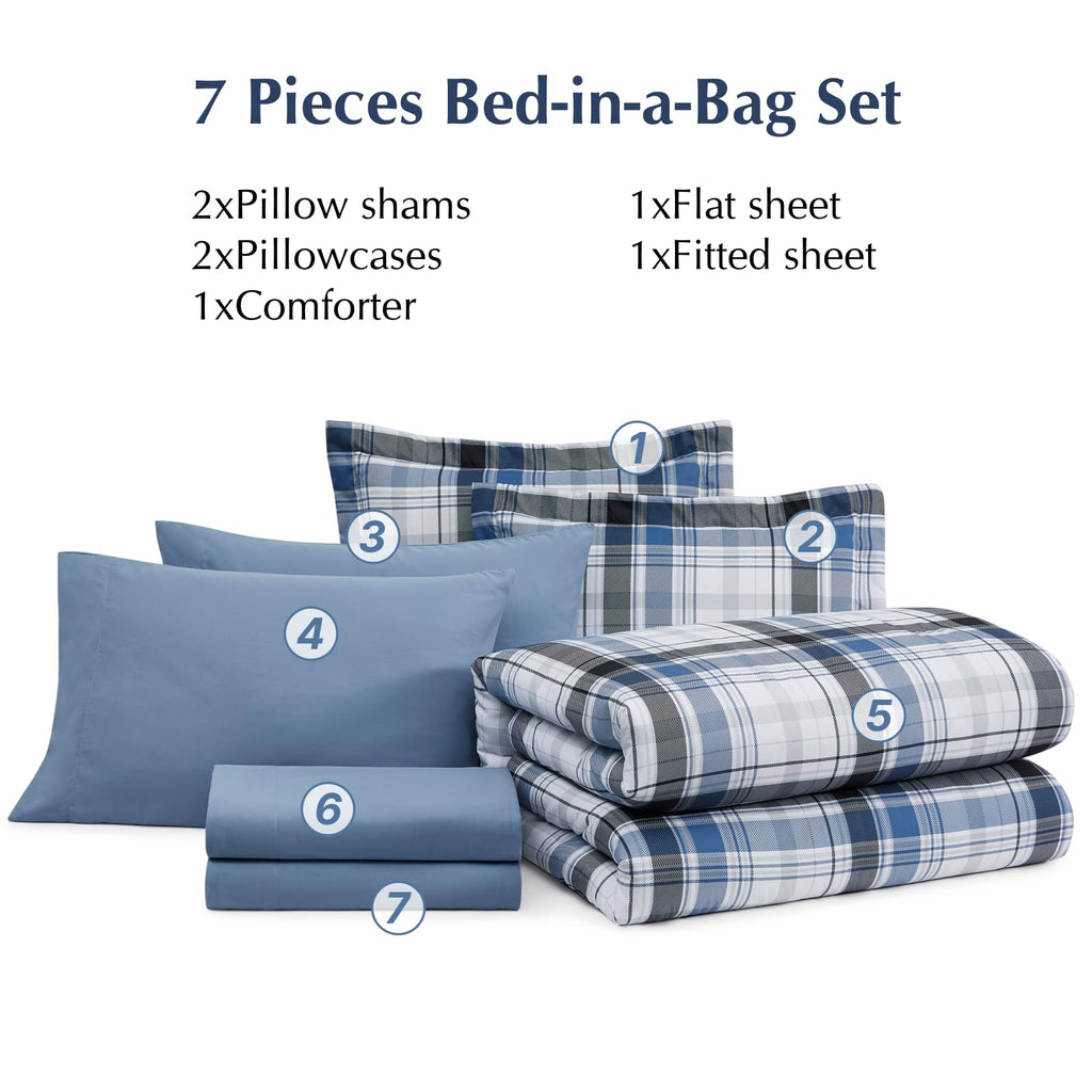 MaiRêve Queen Comforter Set, Classic Plaid Farmhouse Bedding Sets 7 Pieces, Beige All Season Bed in A Bag with Sheets, Pillowcases & Shams