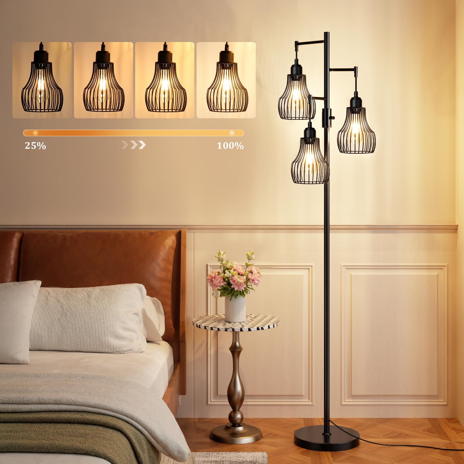 Ziisee Dimmable Floor Lamps for Living Room, Industrial Tree Standing Tall Lamps with 3 Elegant Cage Shade & 800 Lumens LED Bulbs for Bedroom Office - Brown