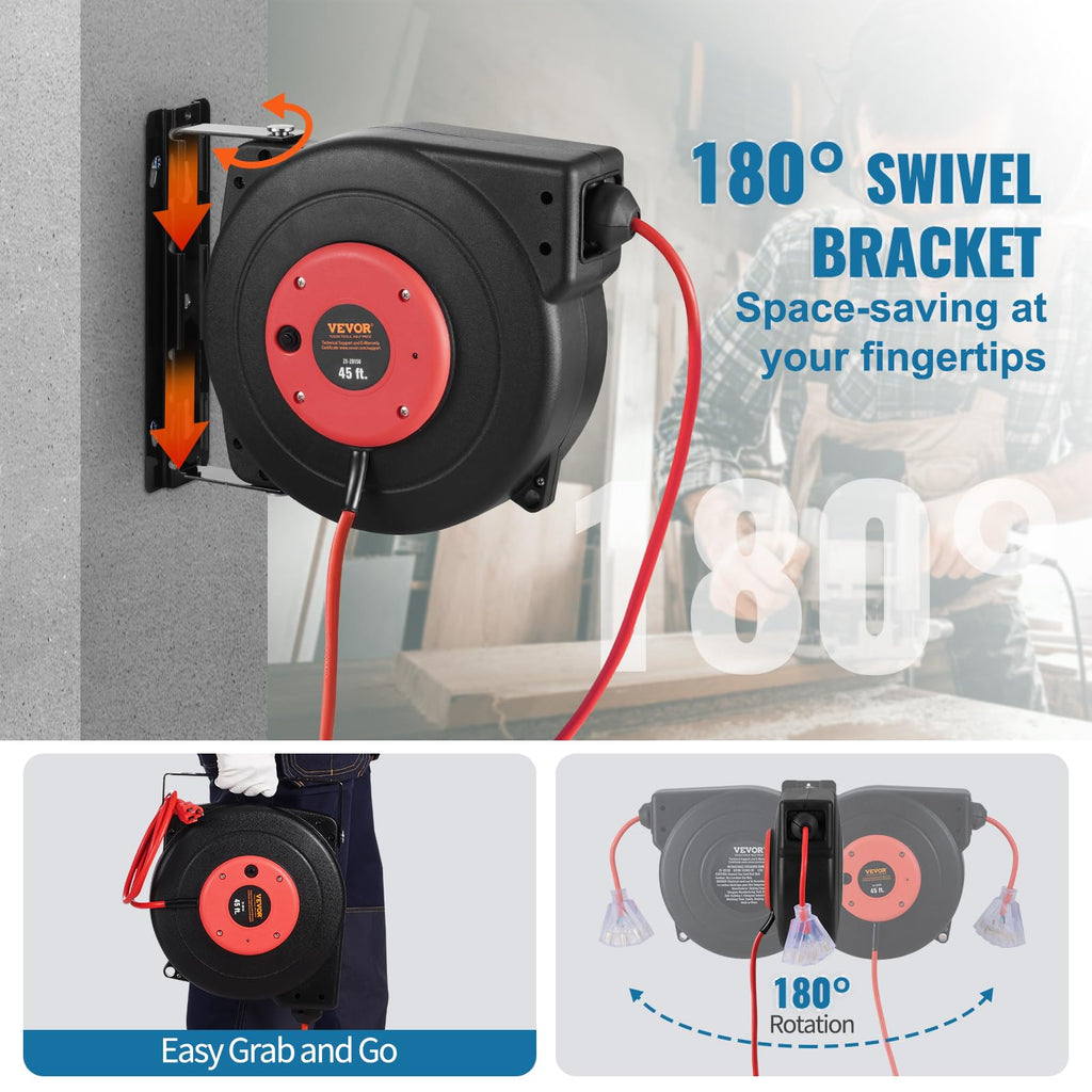 VEVOR Retractable Extension Cord Reel, 30 FT, Heavy Duty 16AWG/3C SJTOW Retractable Power Cord Reel with Lighted Triple Tap Outlet 10 Amp Circuit Breaker 4.5FT Lead-in Cord, for Ceiling or Wall Mount