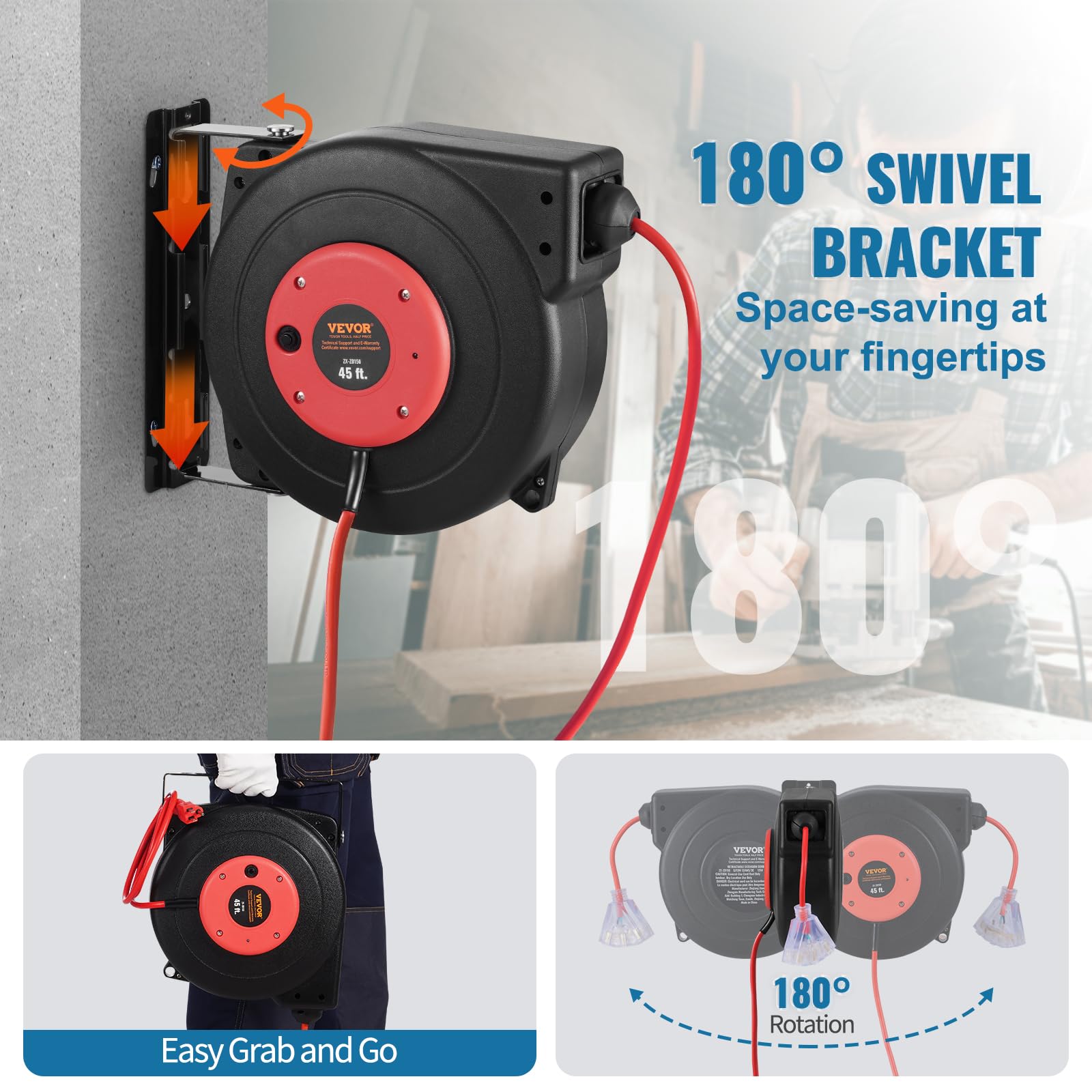 VEVOR Retractable Extension Cord Reel, 30 FT, Heavy Duty 16AWG/3C SJTOW Retractable Power Cord Reel with Lighted Triple Tap Outlet 10 Amp Circuit Breaker 4.5FT Lead-in Cord, for Ceiling or Wall Mount