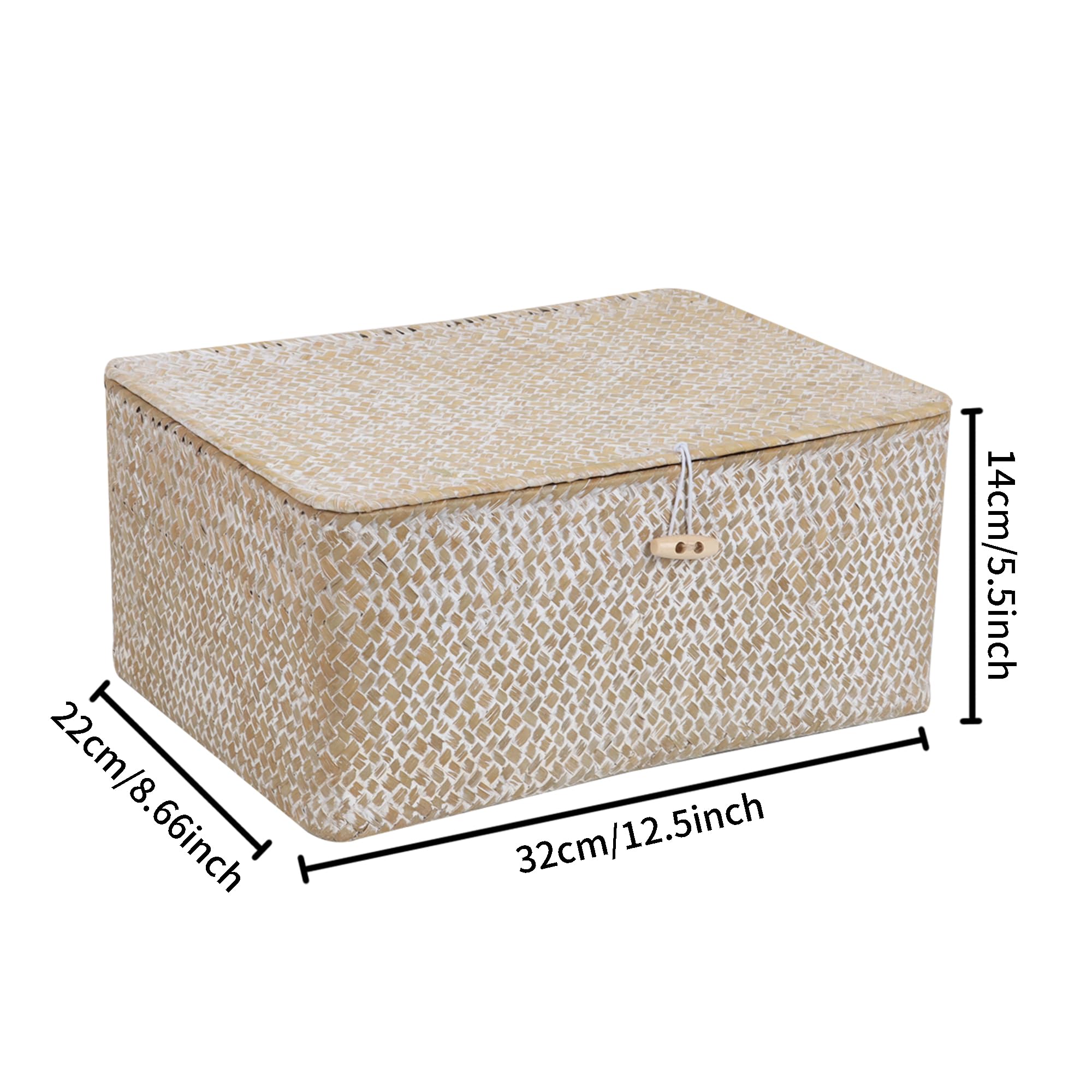 FEIALNDUO Wicker Shelf Baskets with Lid,Seagrass Storage Basket Bins Rectangular Handwoven Basket Boxes for Shelves Desktop Home Organizer (Coffee, X-Small)