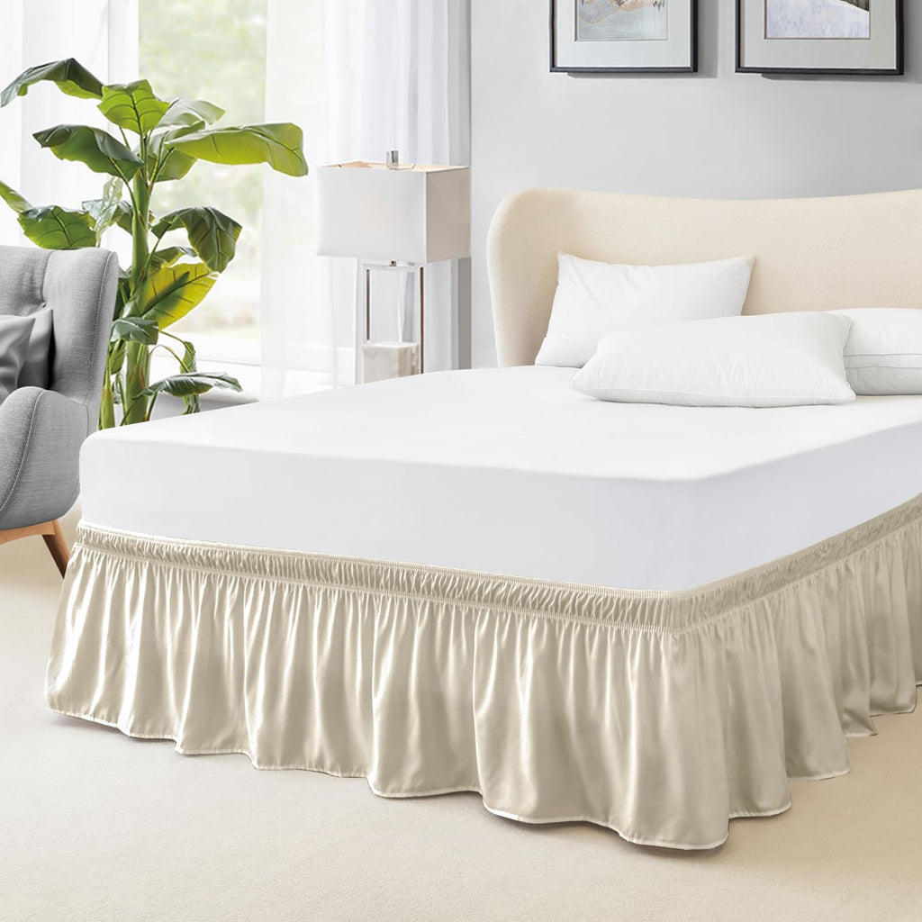FreshCulture Twin Bed Skirt, Elastic Wrap Around Bed Skirt Twin Bed, Easy Fit with 15-Inch Tailored Drop, Hotel Quality Bed Skirts for Adjustable Bed (Beige)