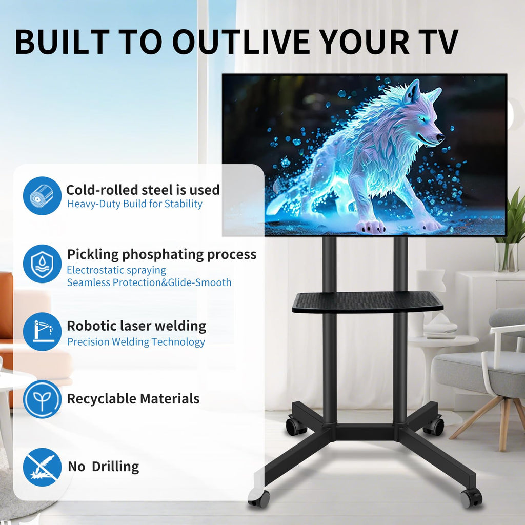 Solid Grace Rolling TV Stand with Power Outlet for 32-75 Inch TVs up to 88lbs, Portable TV Stand with Shelf, Mobile TV Cart for Living Room, Office, Meeting Room, Outdoor(with Power Outlet+Shelf)