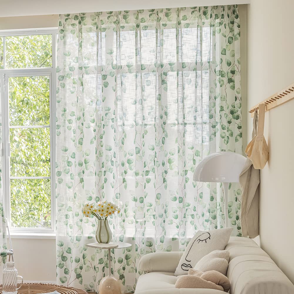 SUOUO Blue Leaf Semi Sheer White Curtains for Bedroom Dining Living Room Linen Textured 84 inches Long Rod Pocket Boho Window Drapes 2 Panels