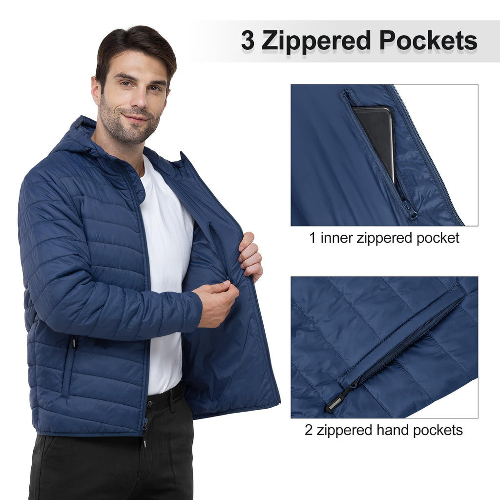 Outdoor Ventures Men's Lightweight Packable Hooded Puffer Jacket Insulated Winter Coat for Snow Ski Traveling
