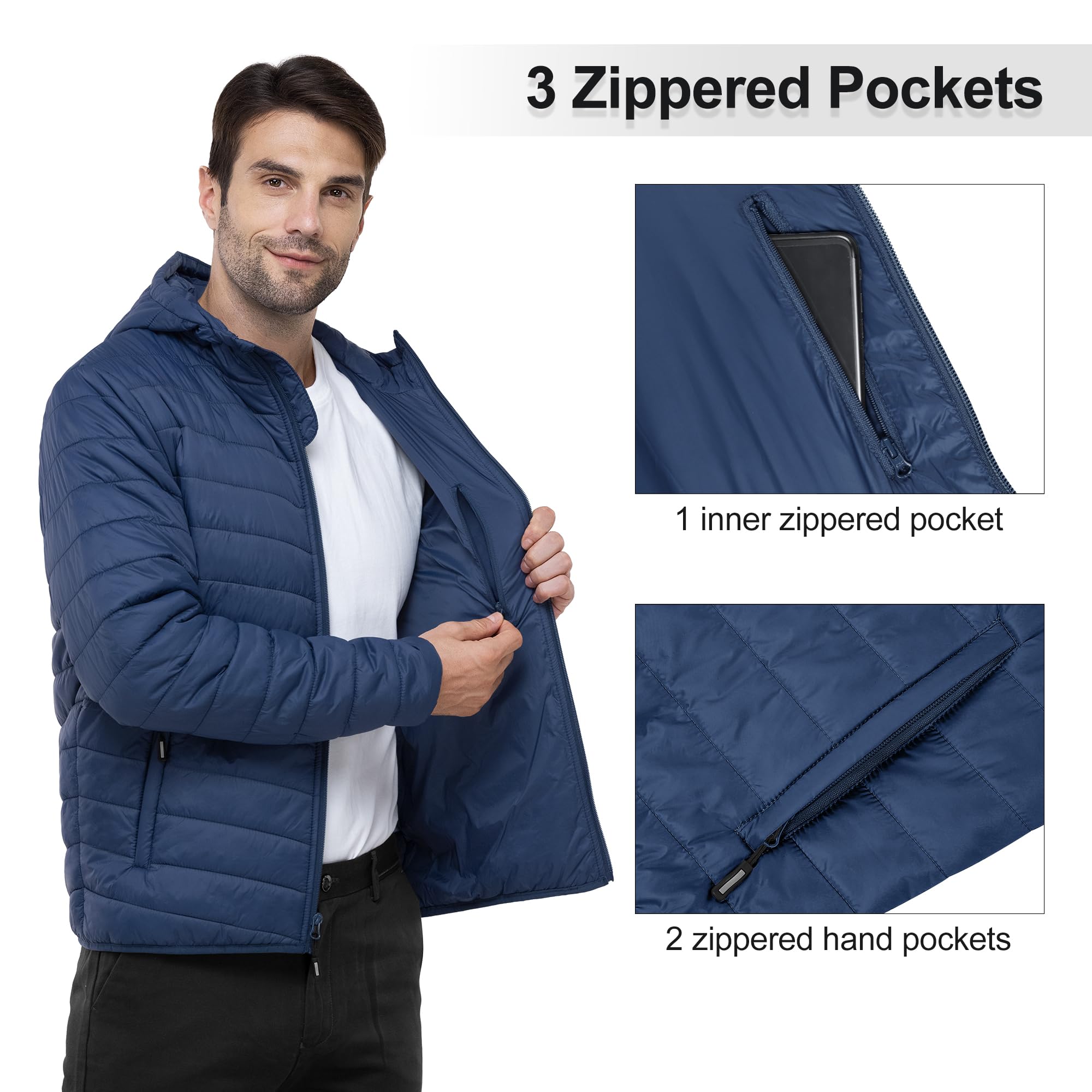Outdoor Ventures Men's Lightweight Packable Hooded Puffer Jacket Insulated Winter Coat for Snow Ski Traveling