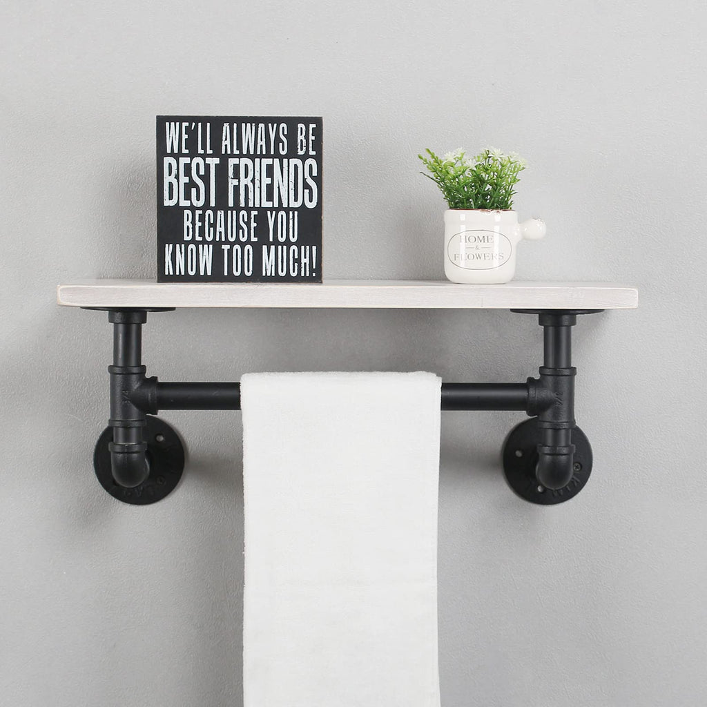 MBQQ Industrial Pipe Shelf Bathroom Shelves Wall Mounted,19.6in Rustic Wood Shelf with Towel Bar,1 Tier Farmhouse Towel Rack,Pipe Shelving Floating Shelves Towel Holder,Black & White