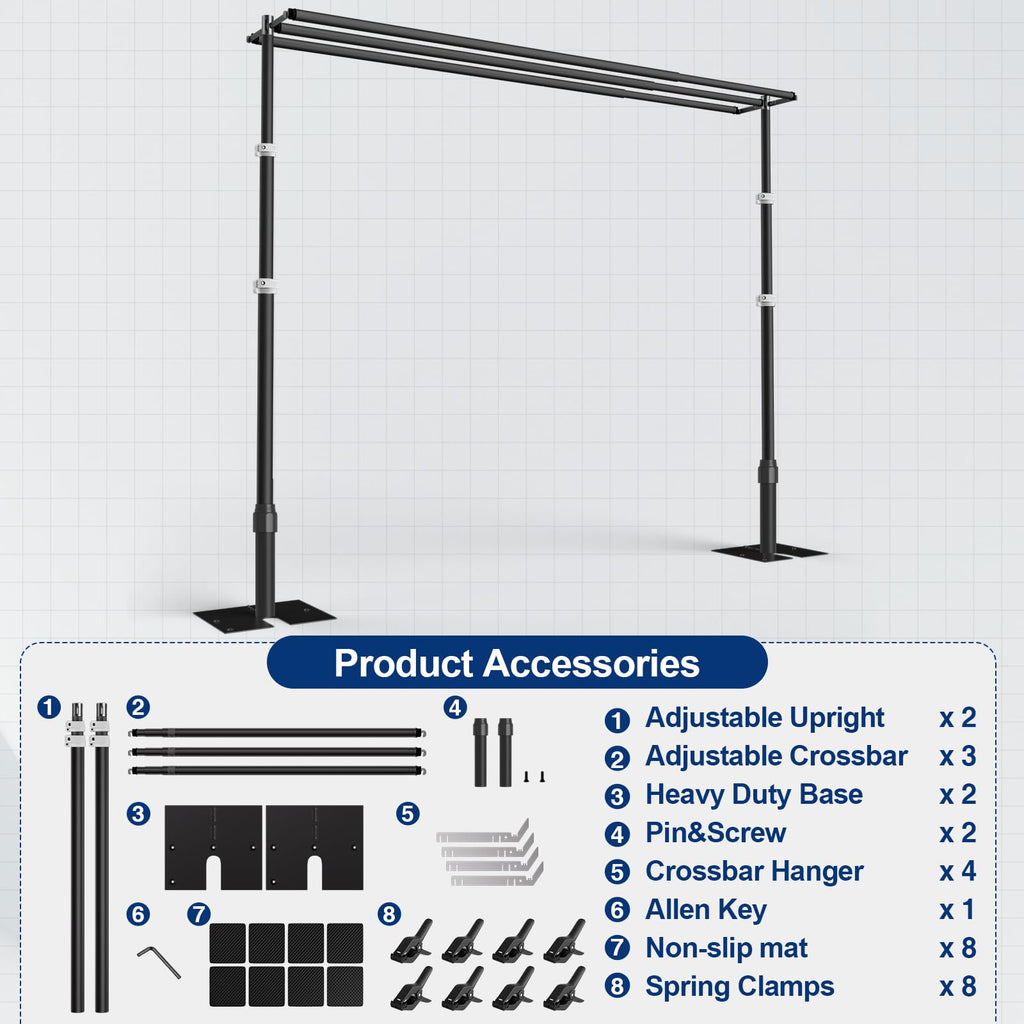 EMART Backdrop Stand Heavy Duty 8.9x10Ft,Three Crossbar Pipe and Drape Photo Background Support Kit, Adjustable Metal Frame with Flat Base for Wedding Birthday Party Decorations-Black
