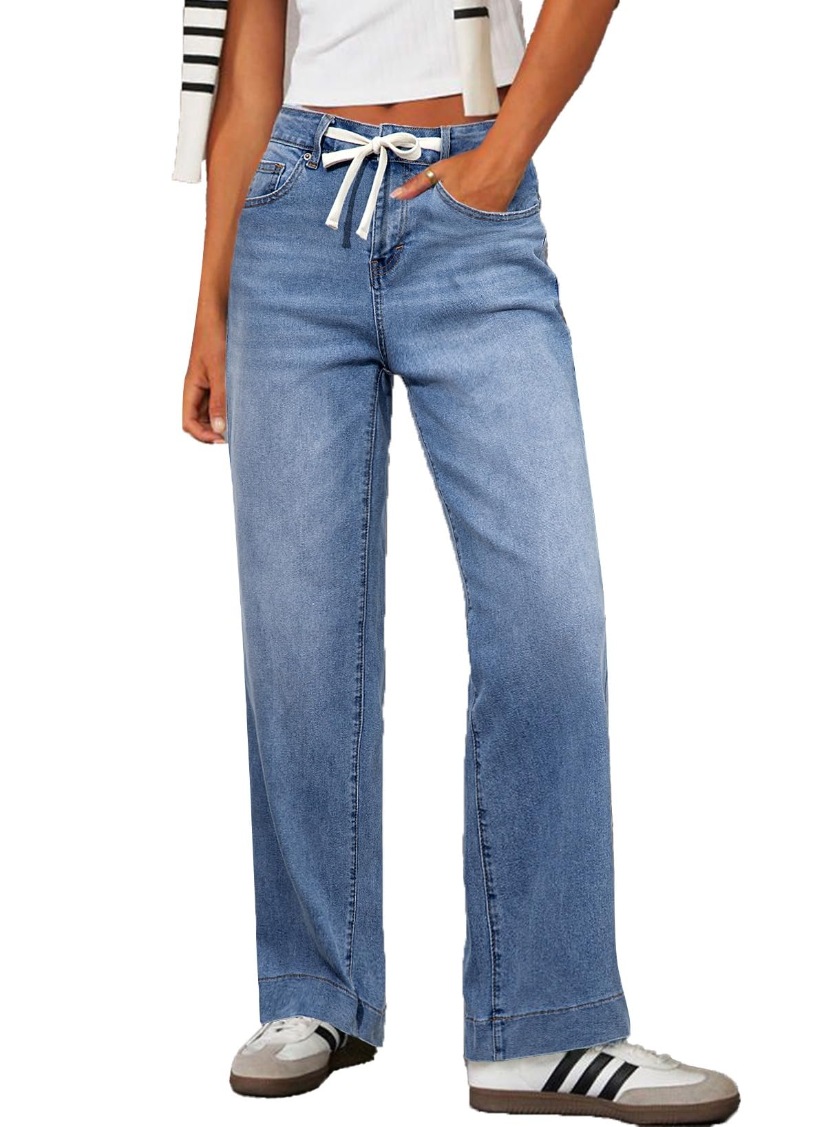 Sidefeel Women's Wide Leg Jeans High Waisted Stretchy Straight Leg Baggy Drawstring Zimbaplatinum Denim Pants