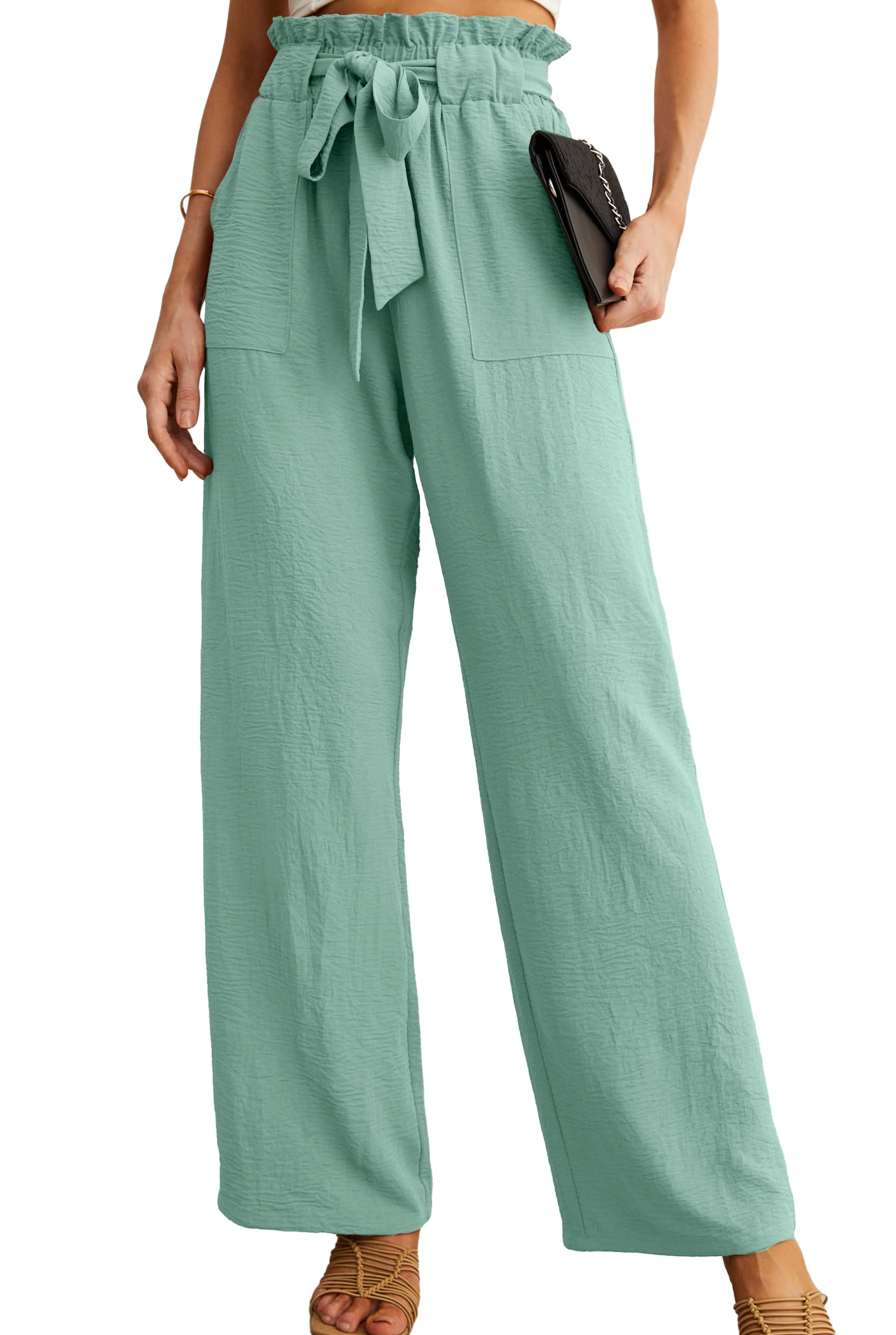 IWOLLENCE Women High Waist Palazzo Pants, Adjustable Knot Ankle Wide Leg Trousers Pockets Beach Vacation Lounge Office