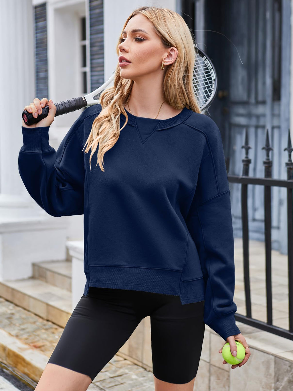 MEROKEETY Women's Oversized Cropped Sweatshirts Crewneck Trendy Workout Pullover Sweater Fall Outfits