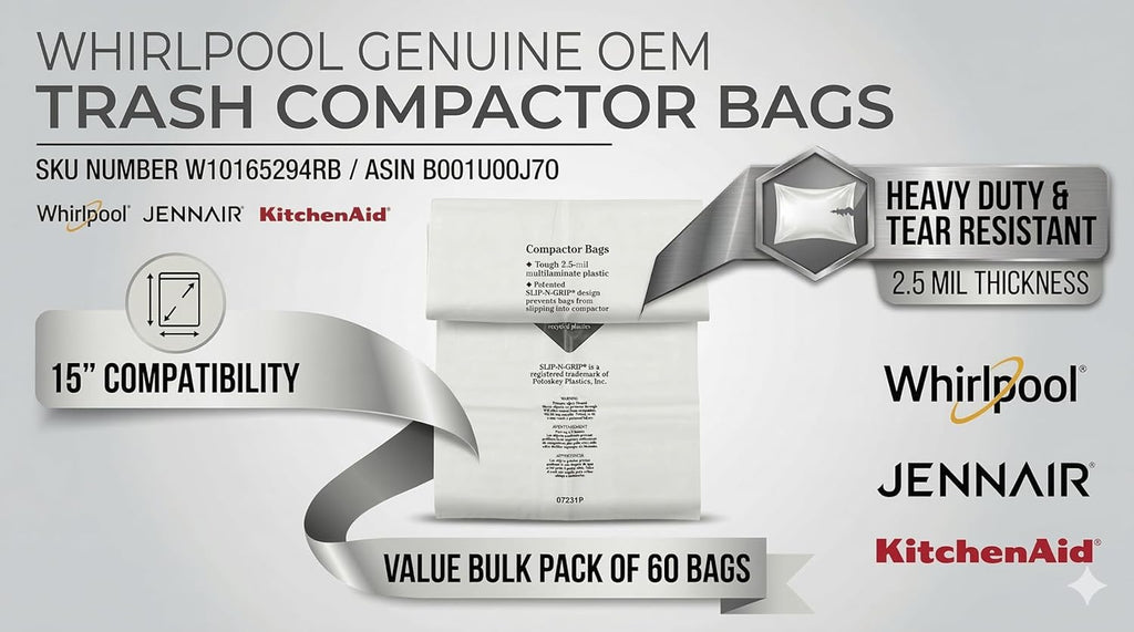 Whirlpool W10165294RB Genuine OEM Trash Compactor Bags (60-Pack) – Heavy-Duty 15-Inch Replacement Bags – Fits KitchenAid, Maytag, JennAir, & Kenmore – 3 Mil Thick, Slip-N-Grip Leak-Proof Design