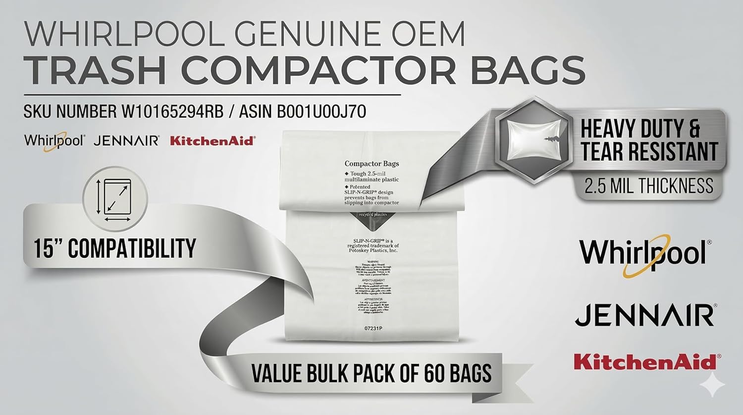 Whirlpool W10165294RB Genuine OEM Trash Compactor Bags (60-Pack) – Heavy-Duty 15-Inch Replacement Bags – Fits KitchenAid, Maytag, JennAir, & Kenmore – 3 Mil Thick, Slip-N-Grip Leak-Proof Design