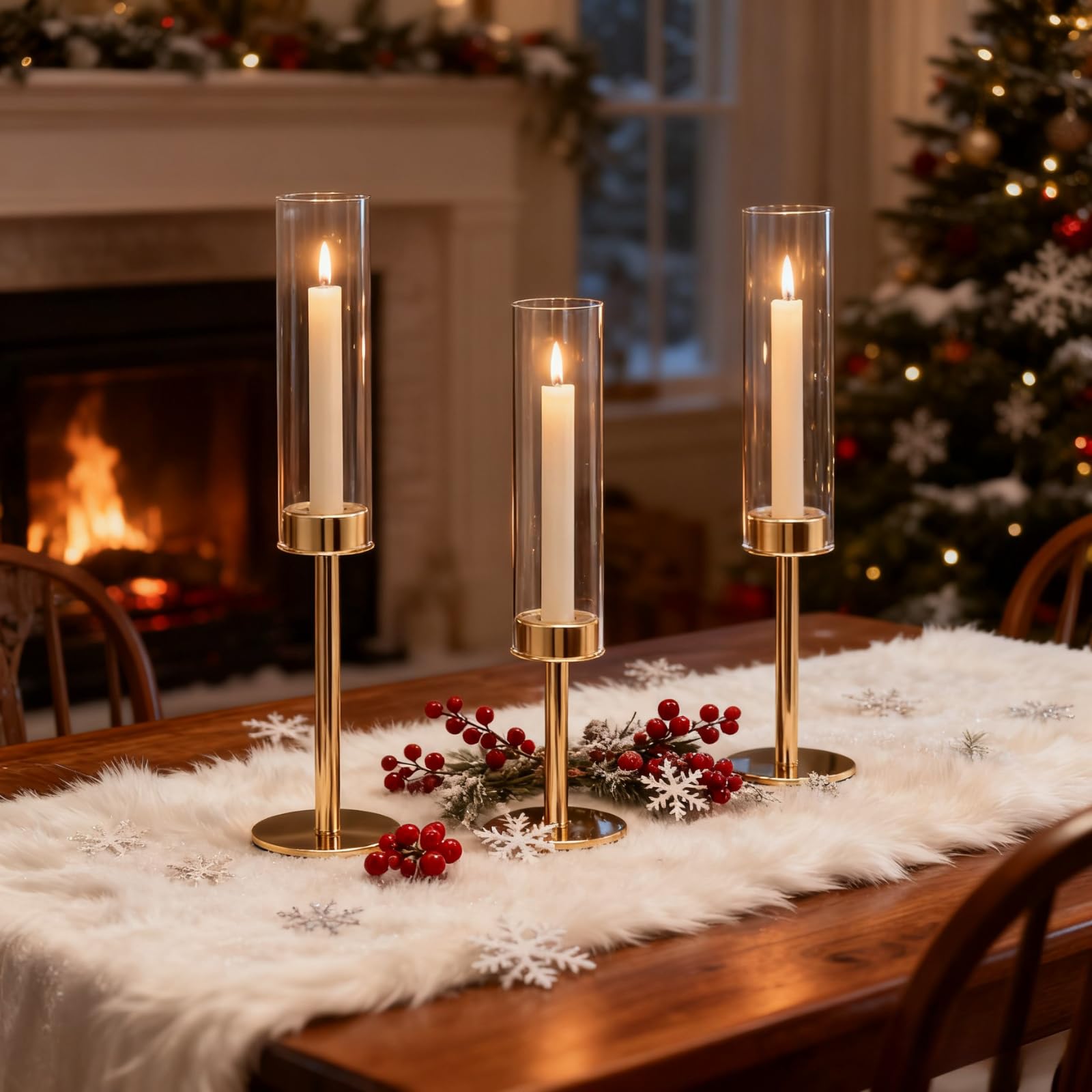 Black Hurricane Glass Candle Holders Set of 3, Tall Metal Taper Candle Stick Holder, Clear Candlestick Holders, Table Centerpieces Decor for Dining Dinner, Weddings, Christmas Fireplace Decorations
